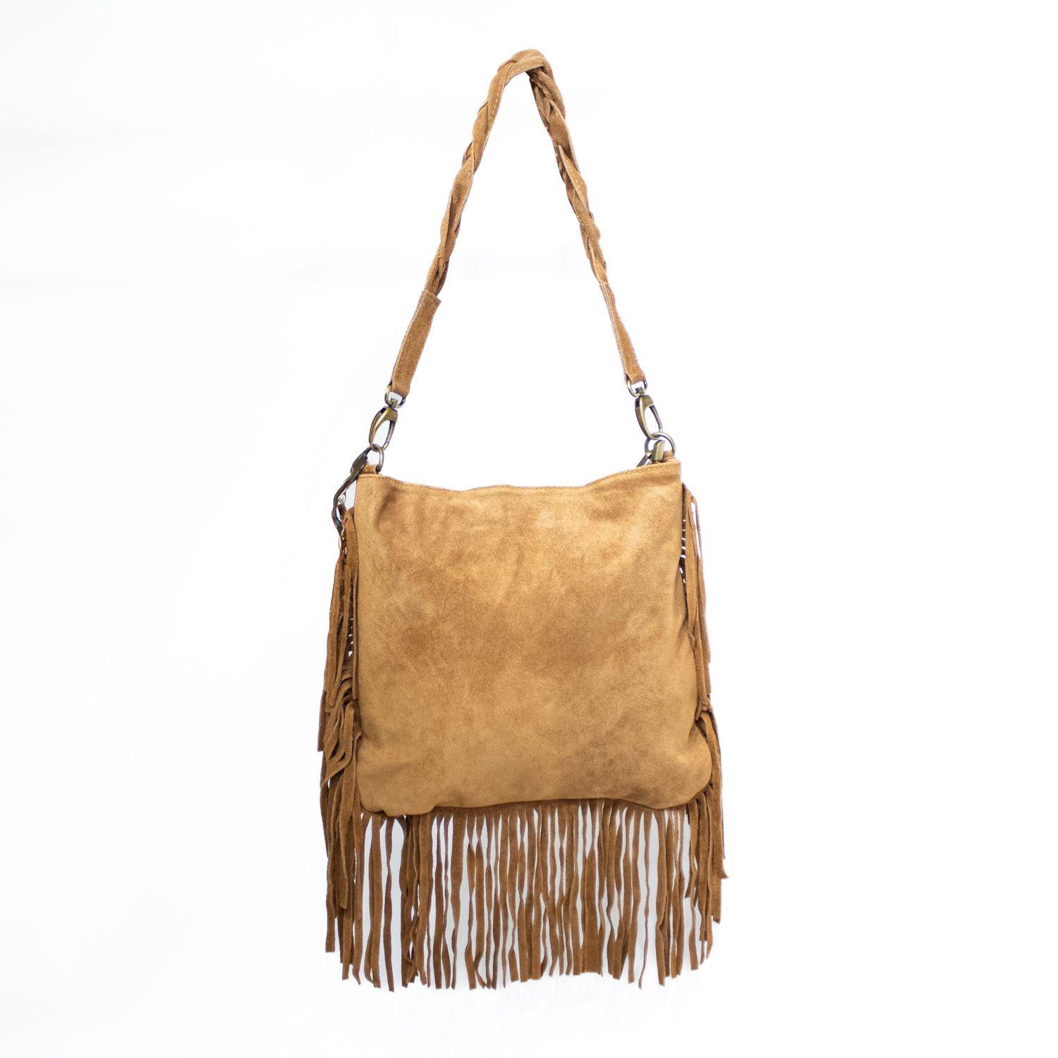 Cartera de reno con flecos y manilla trenzada color Tostado-2