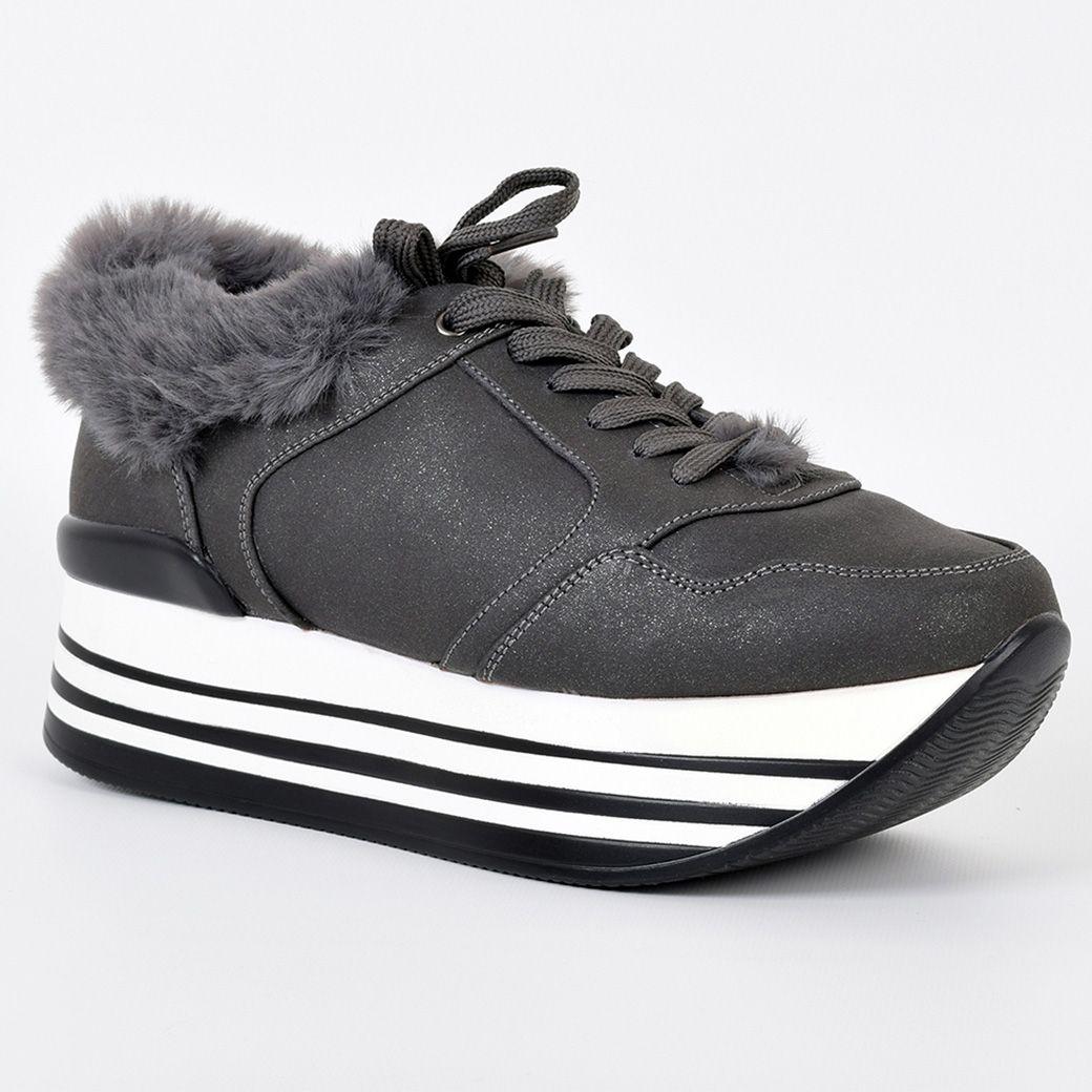 Zapatilla con Pelo Gris-0