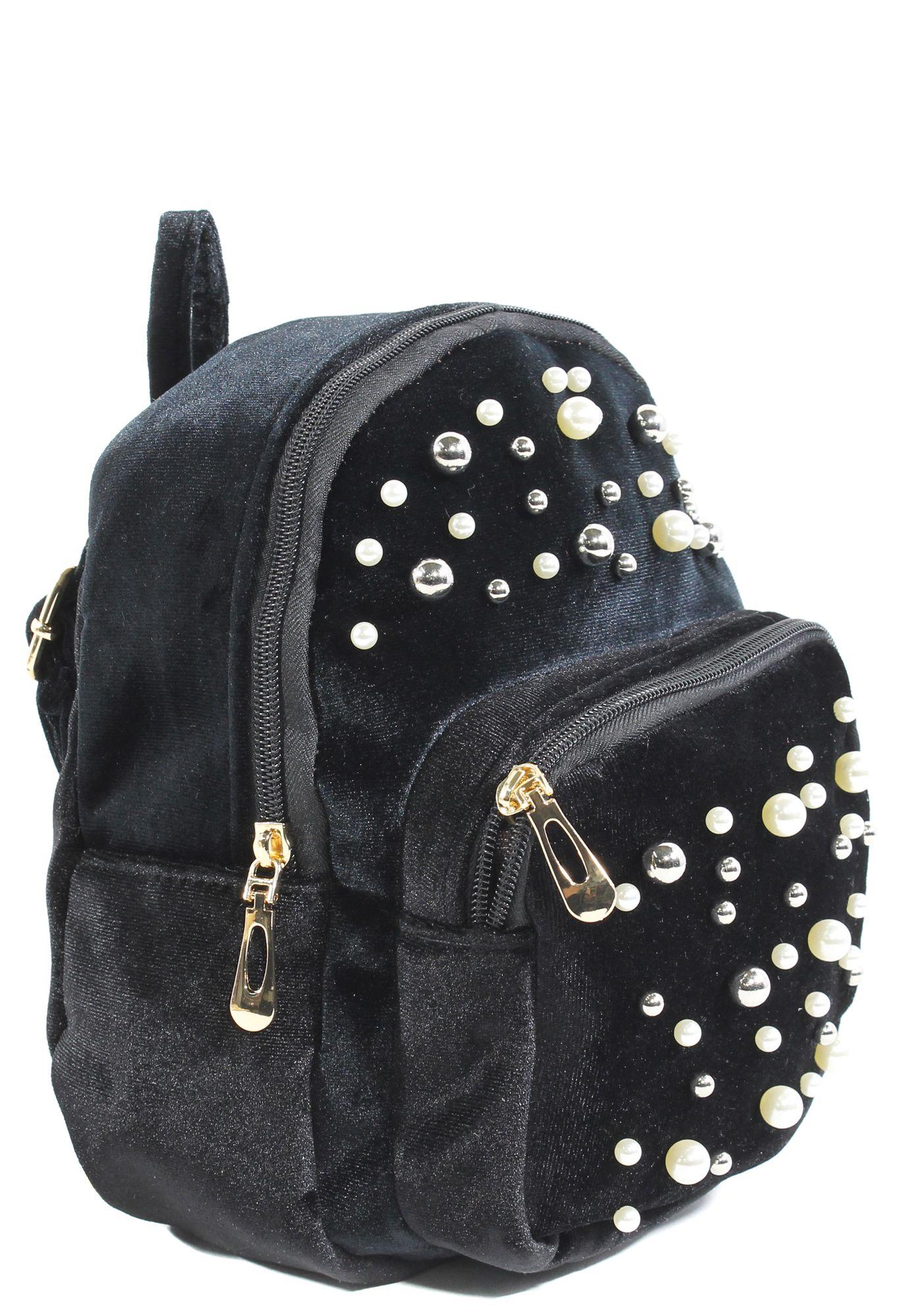 Mochila Terciopelo Perlas Negro-1
