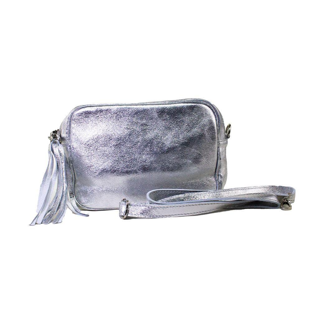 Cartera cuero rectangular brillo Plata-1