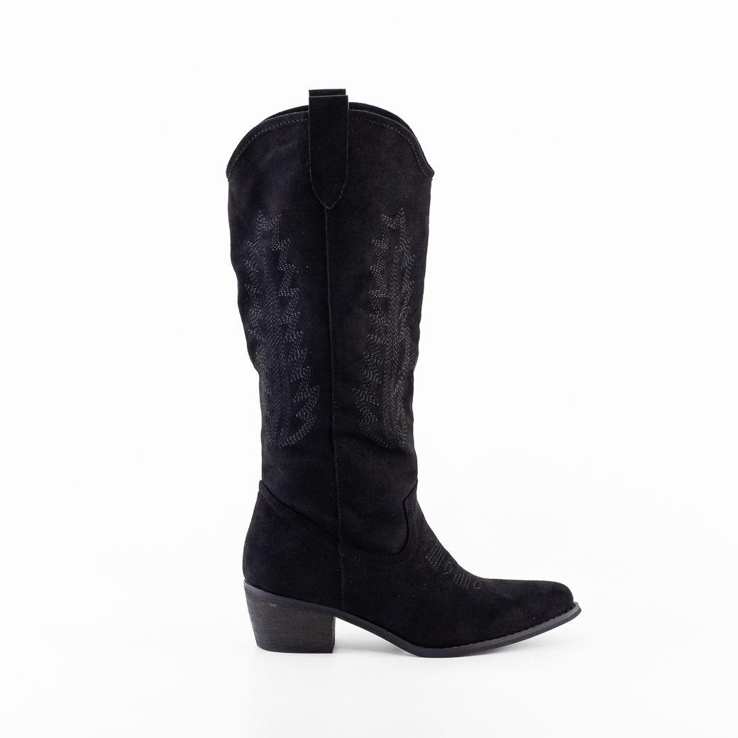 Bota Vaquera Gamuza Costura Hojas Mujer Negro Mailea-0