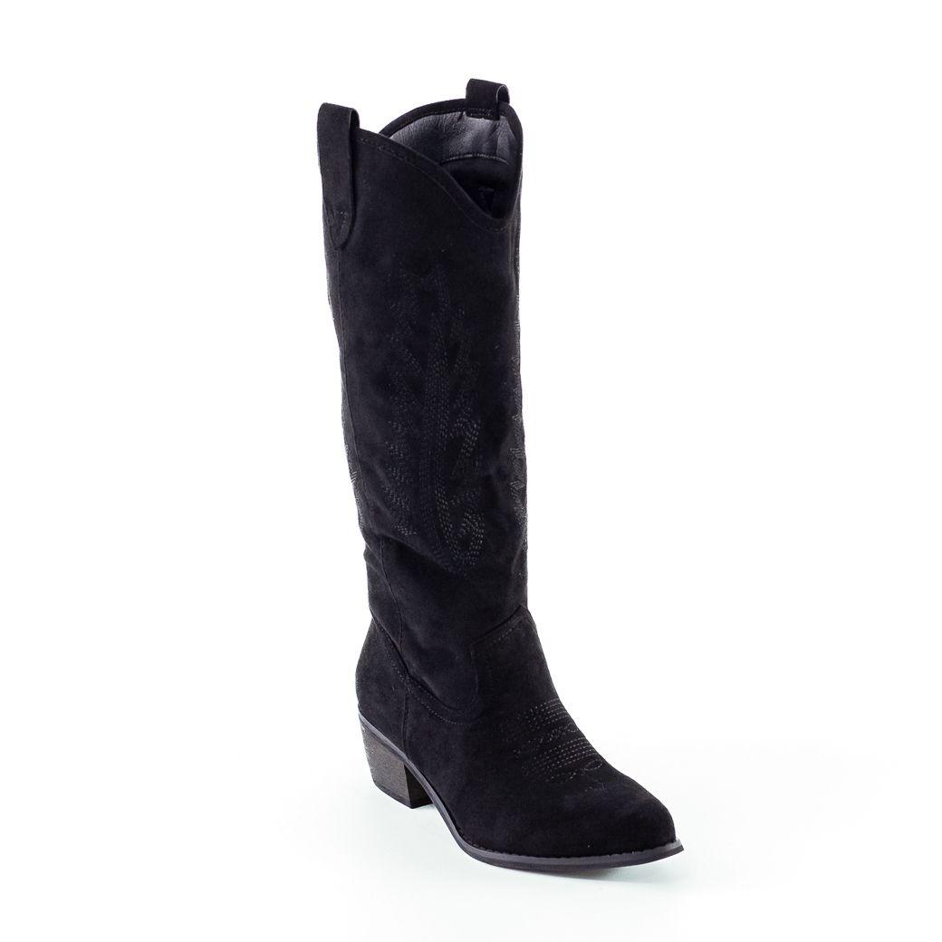 Bota Vaquera Gamuza Costura Hojas Mujer Negro Mailea-1