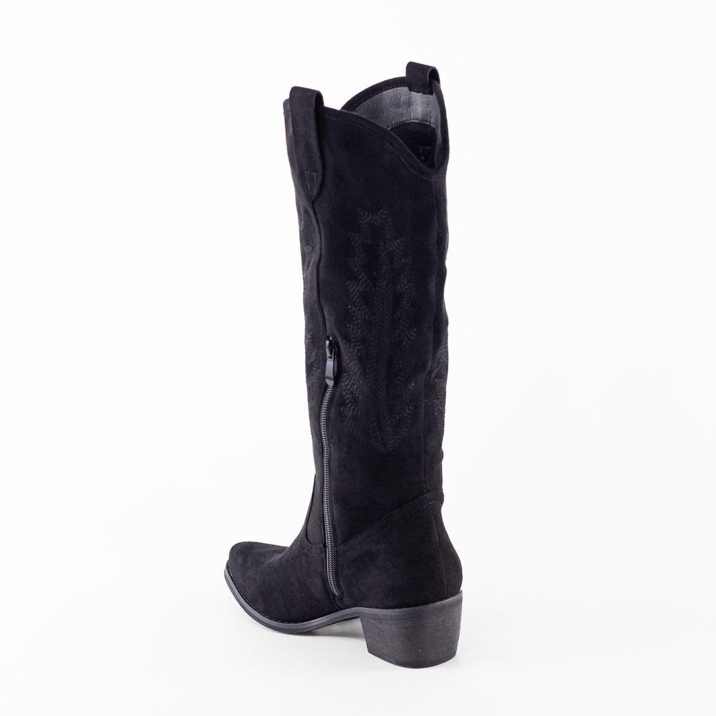 Bota Vaquera Gamuza Costura Hojas Mujer Negro Mailea-2