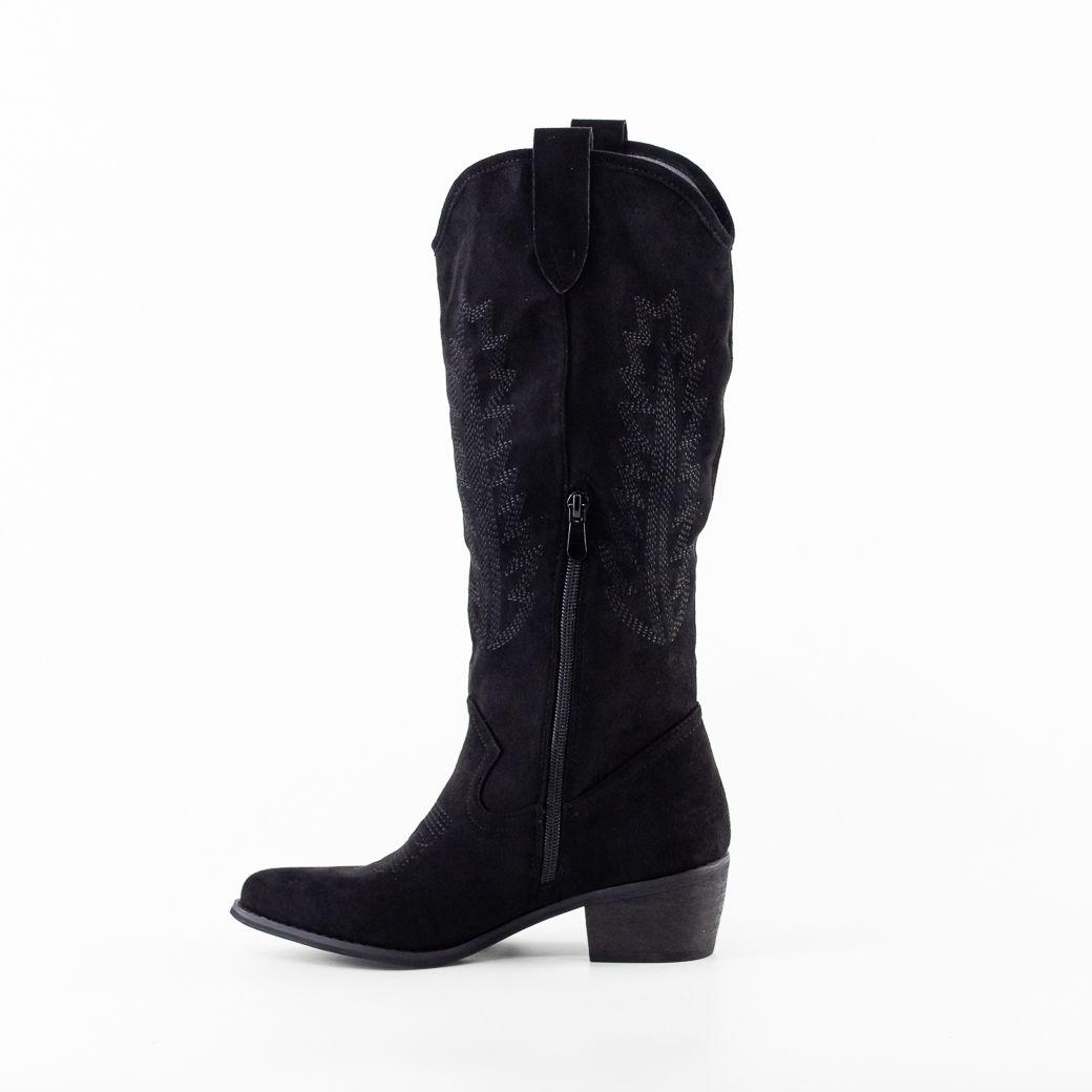 Bota Vaquera Gamuza Costura Hojas Mujer Negro Mailea-3