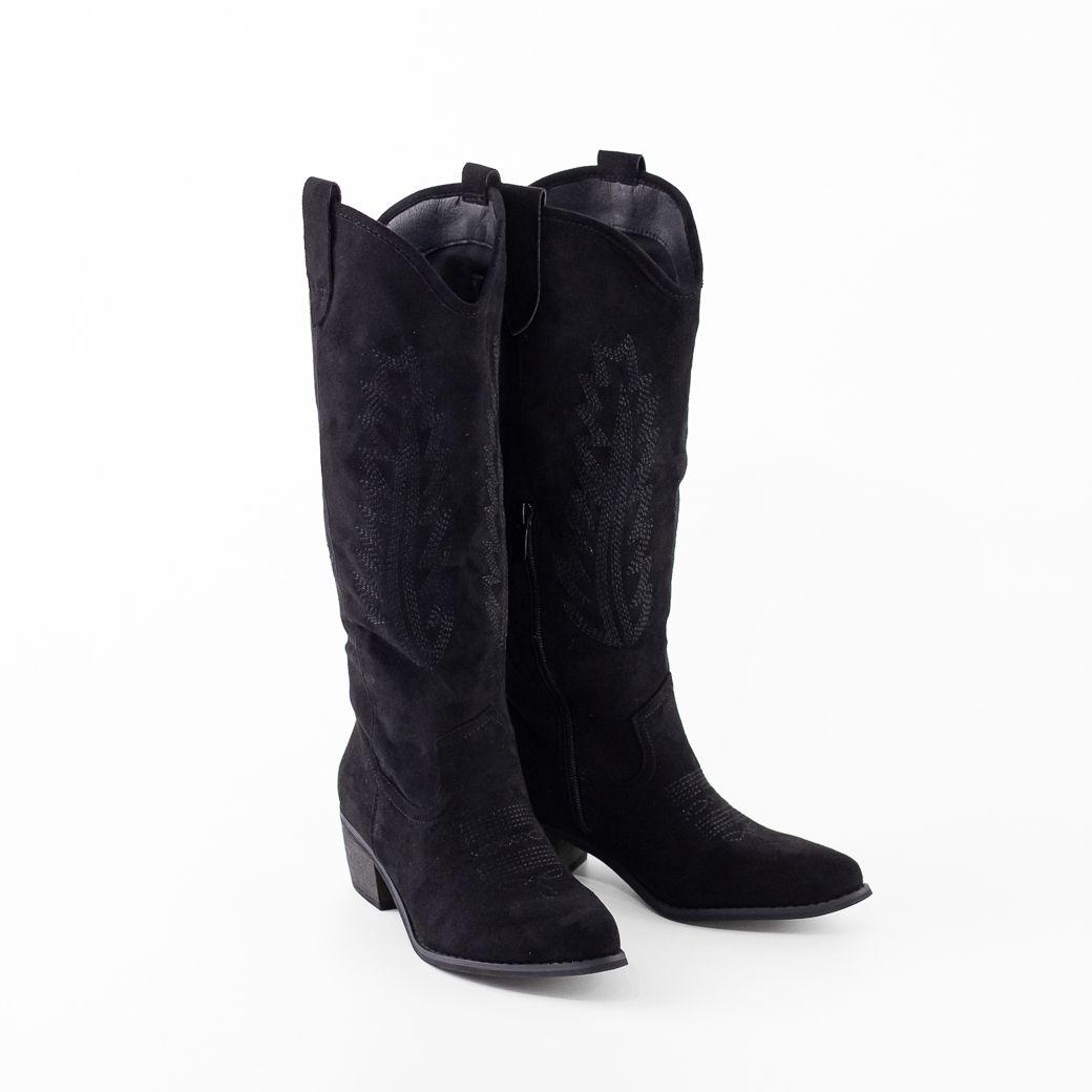 Bota Vaquera Gamuza Costura Hojas Mujer Negro Mailea-4