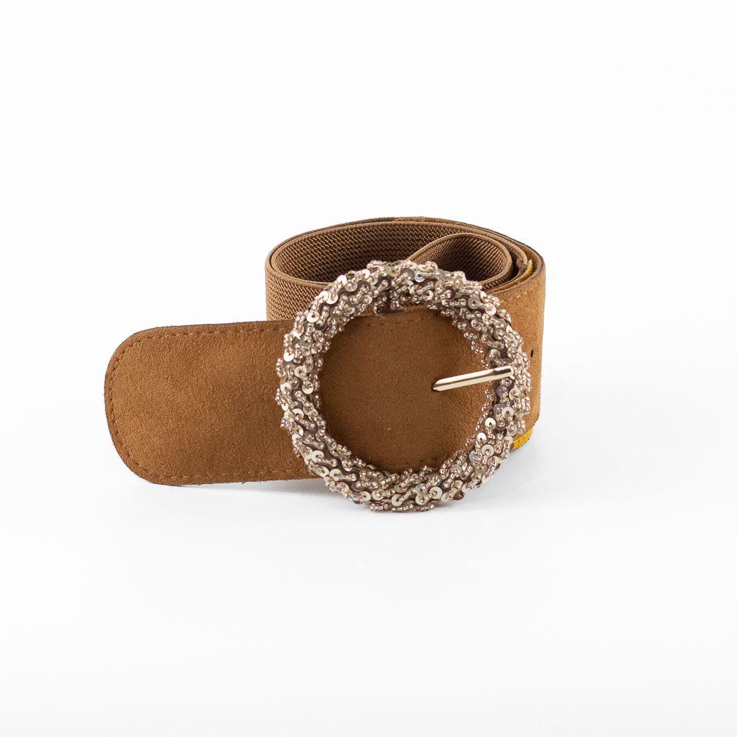 Cinturón Elastico Gamuza Hebilla Redonda Mujer Tostado Mailea-1