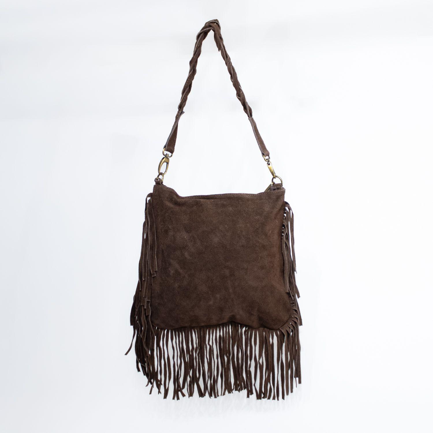 Cartera de reno con flecos y manilla trenzada color Chocolate-2