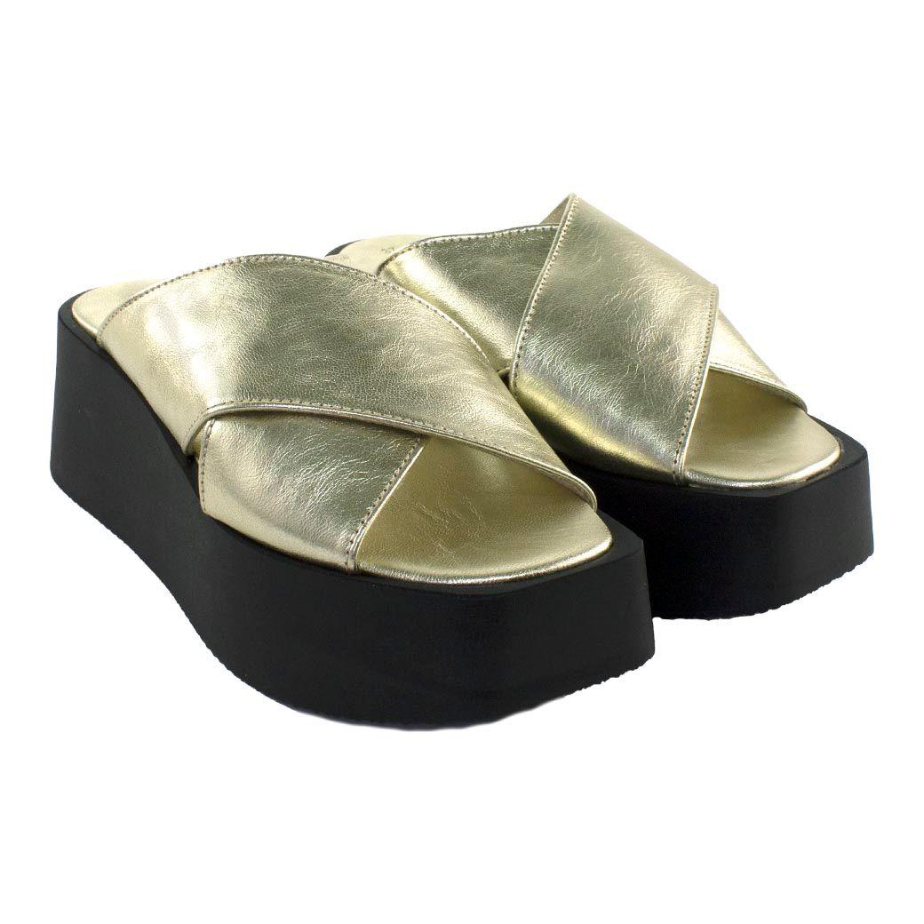 Sandalia Cuero Plataforma Cruzada Oro-3