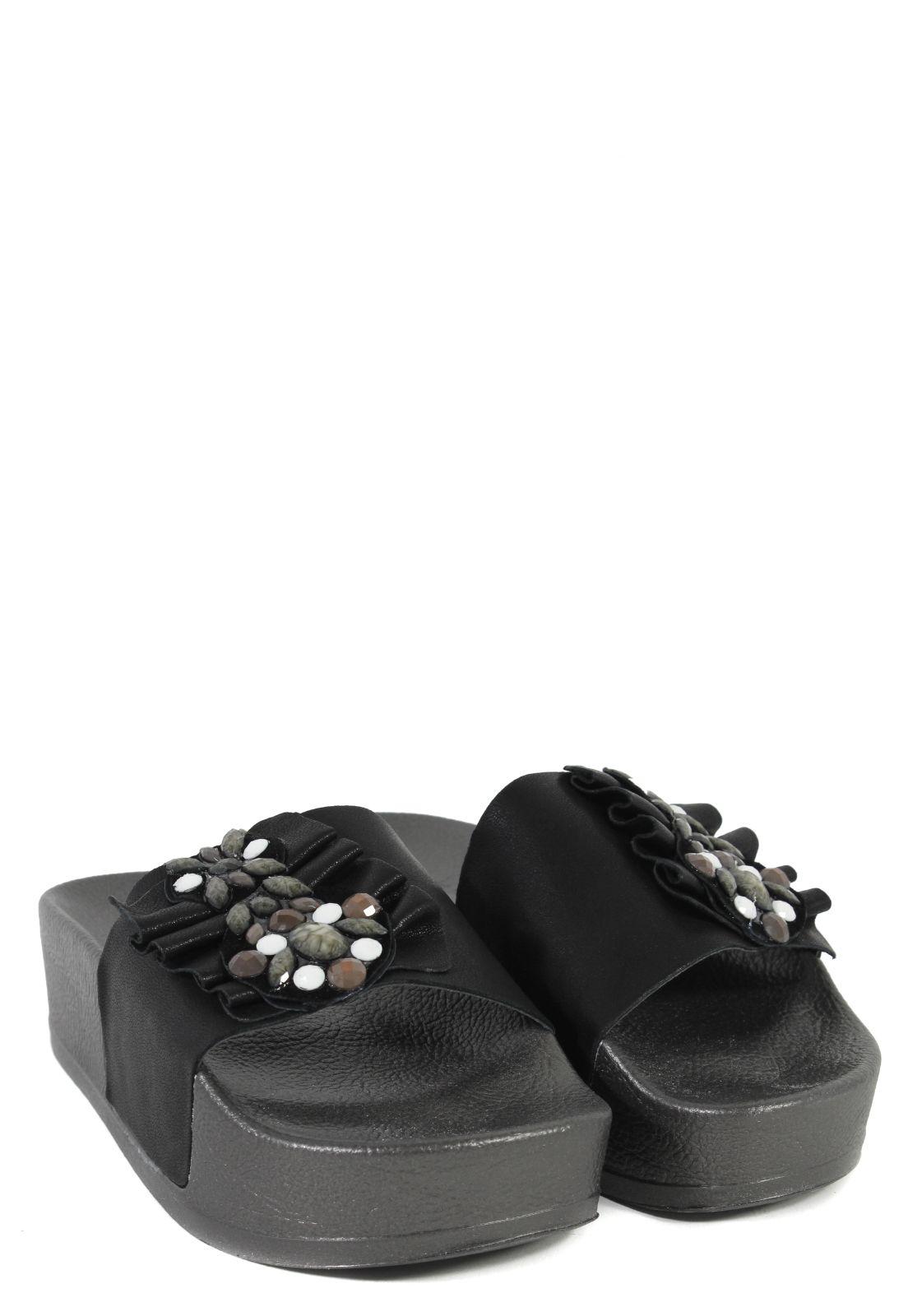 Sandalia Cuero Flor Piedras Negro-3