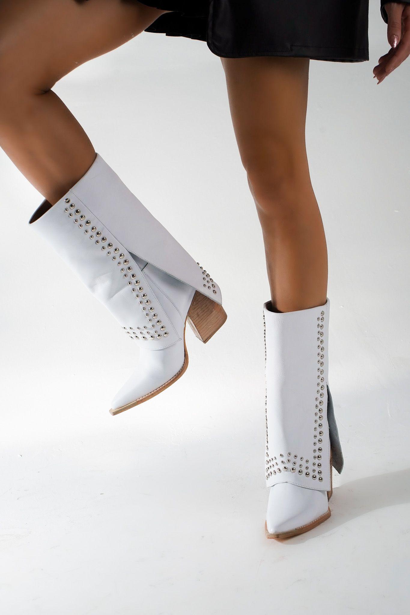 Bota Cuero Polta Tachas Blanca, Negra, Cafe-2
