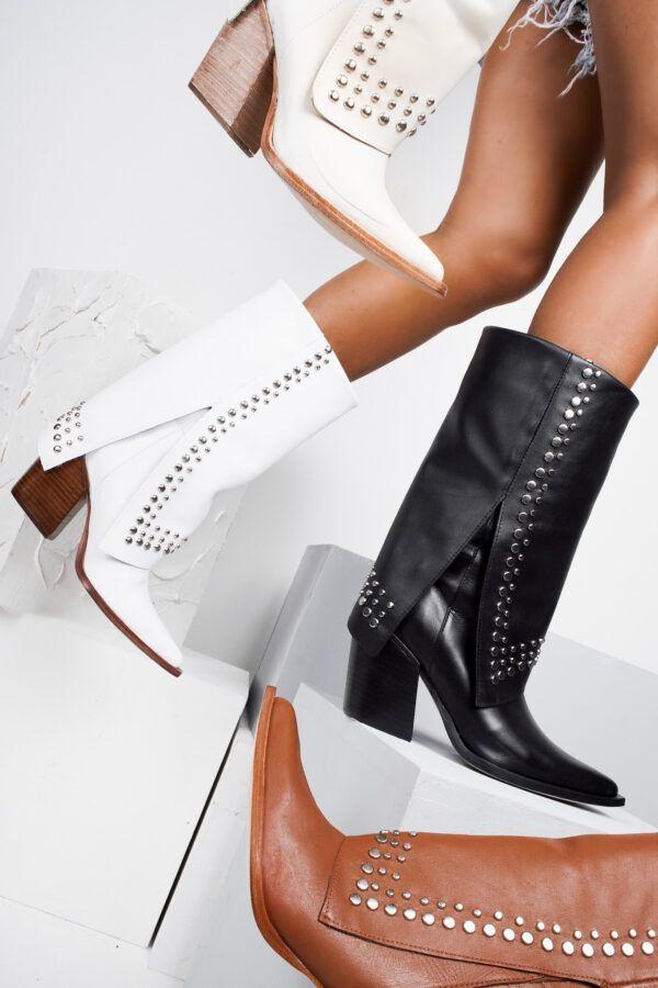 Bota Cuero Polta Tachas Blanca, Negra, Cafe-3