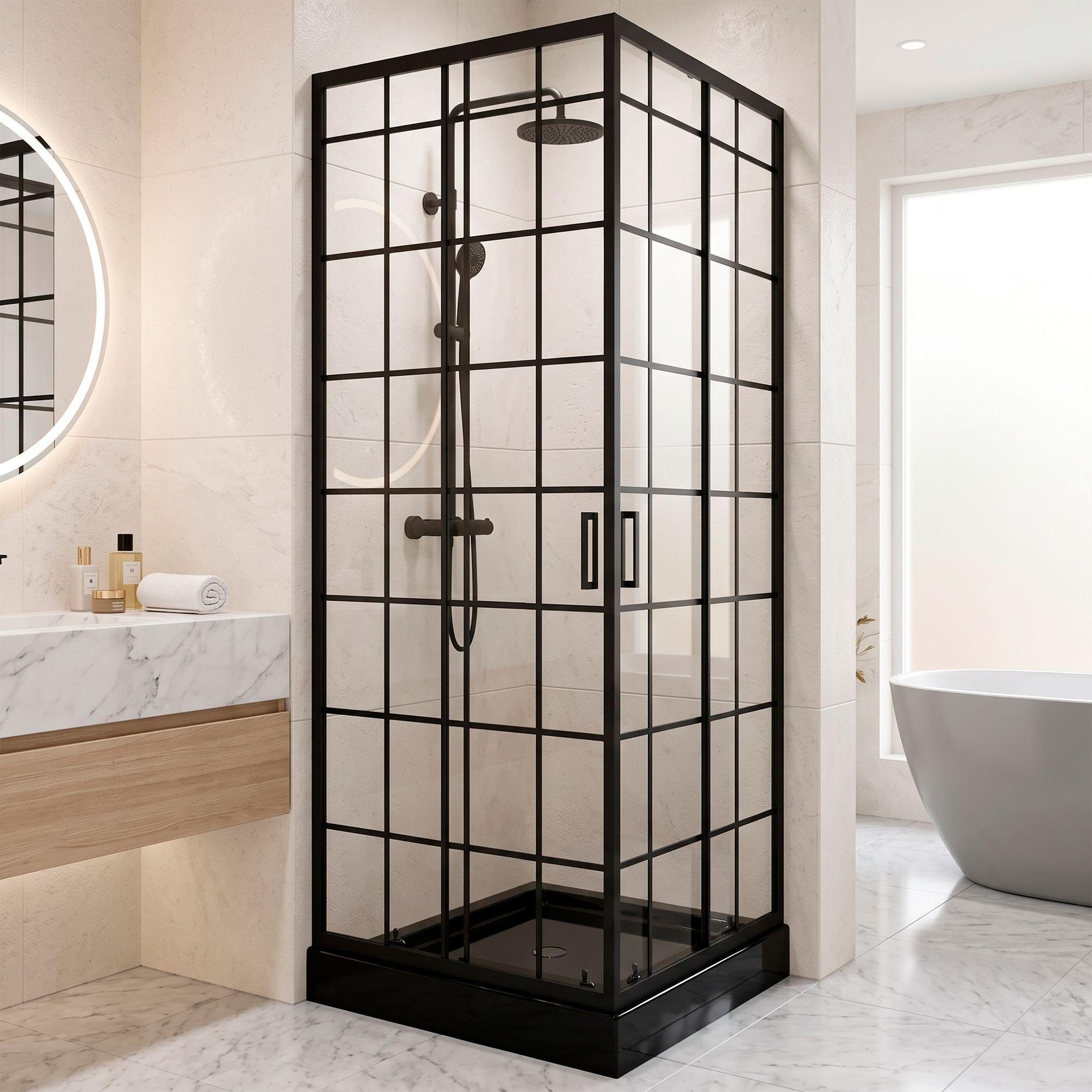 Shower Door Joytek Recto Cuadros Negros 70x70x198cm con Receptáculo-0