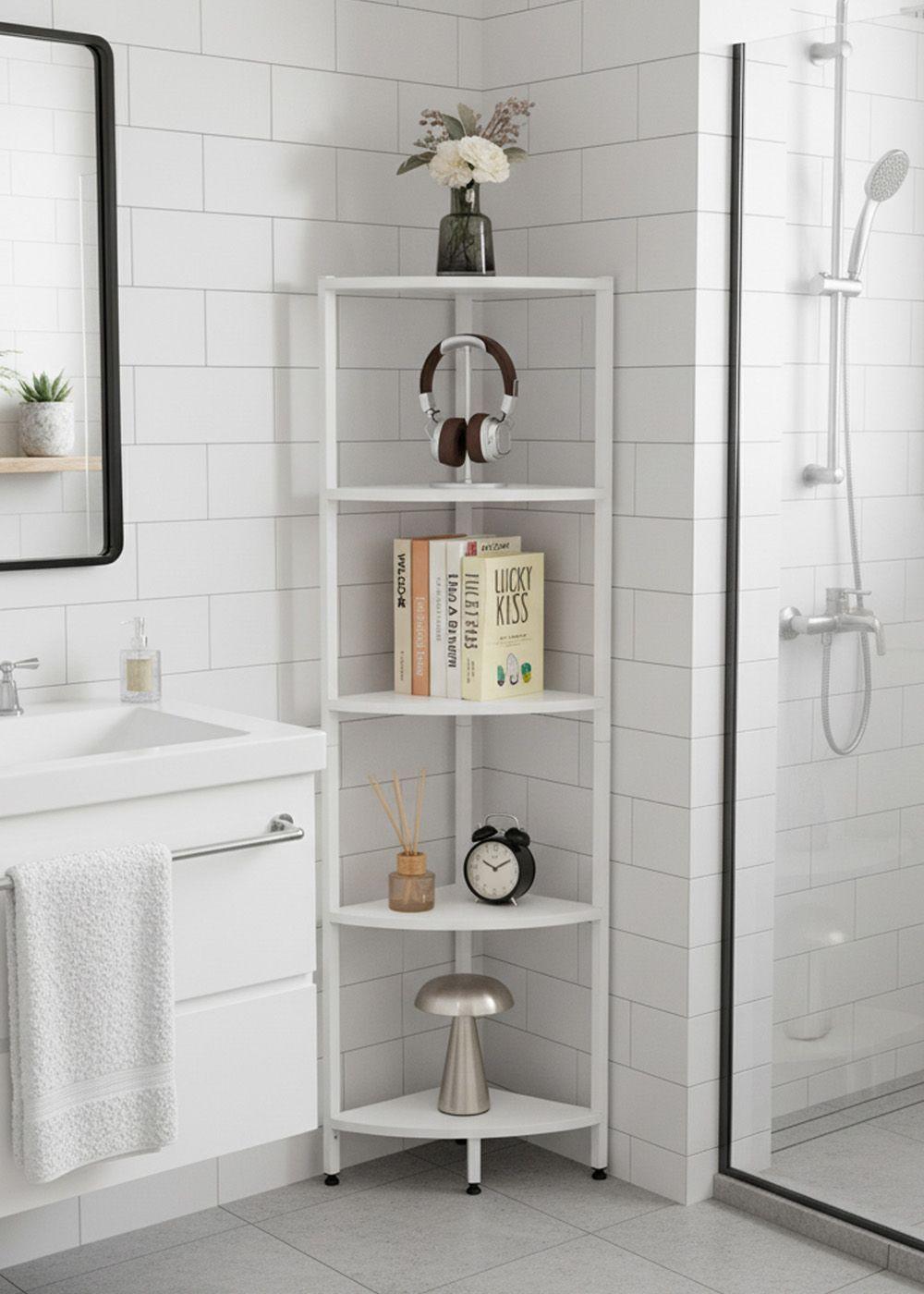 Estante Esquinero Blanco de Metal y Madera 5 Niveles 140.5x32×32 cm-4