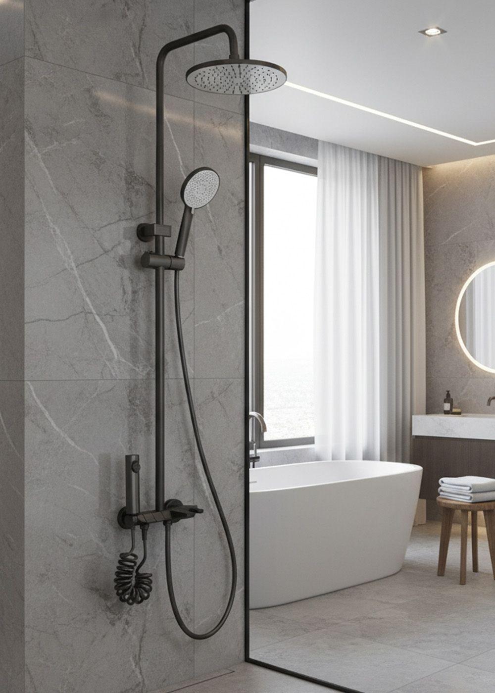 COLUMNA DUCHA TECLADO MONOMANDO 4 FUNCIONES PLATO REDONDO GRIS GRAFITO-2