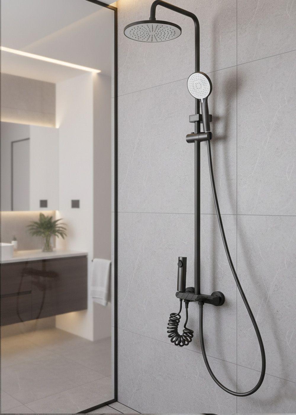 COLUMNA DUCHA TECLADO MONOMANDO 4 FUNCIONES PLATO REDONDO GRIS GRAFITO-3