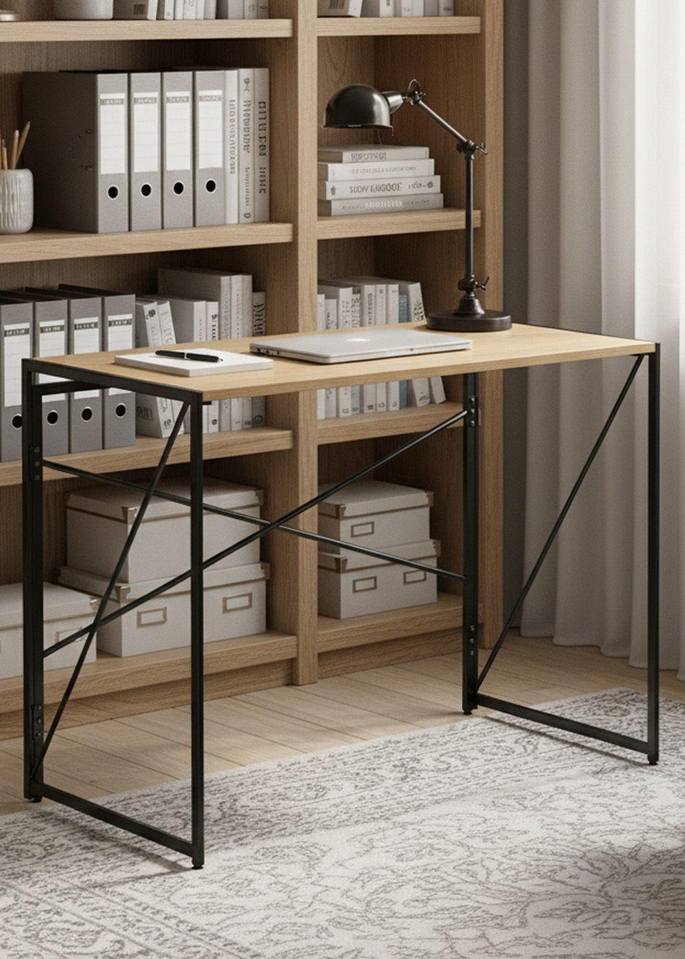Mesa Escritorio Plegable de Metal y Madera Roble Claro 100x50x75 cm-4