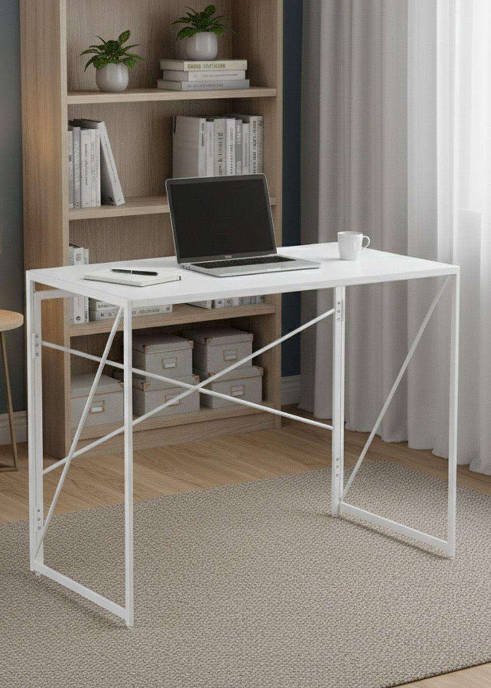Mesa Escritorio Plegable de Metal y Madera Blanco 100x50x75 cm-2