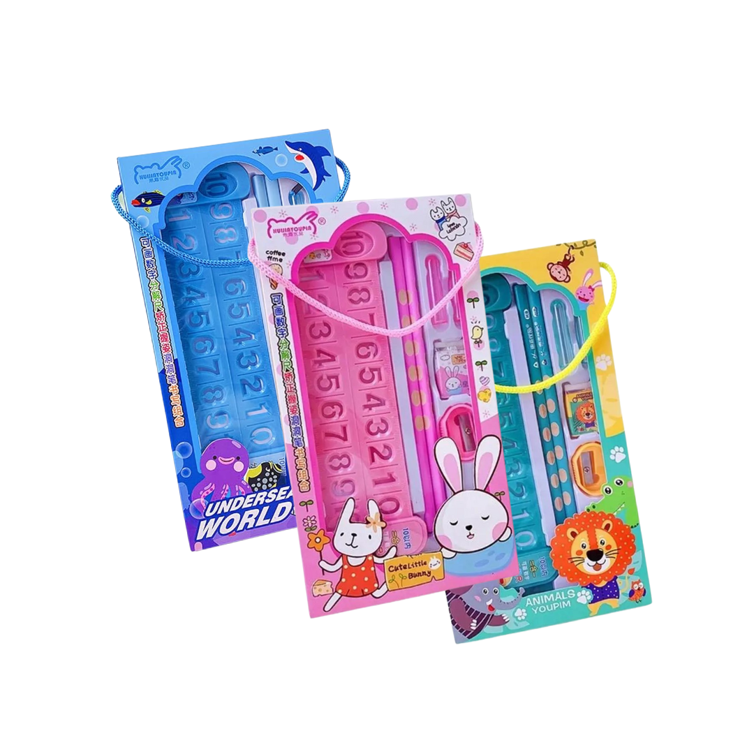 Kit escolar + Regla Kawaii Rosa, Verde y Celeste-0