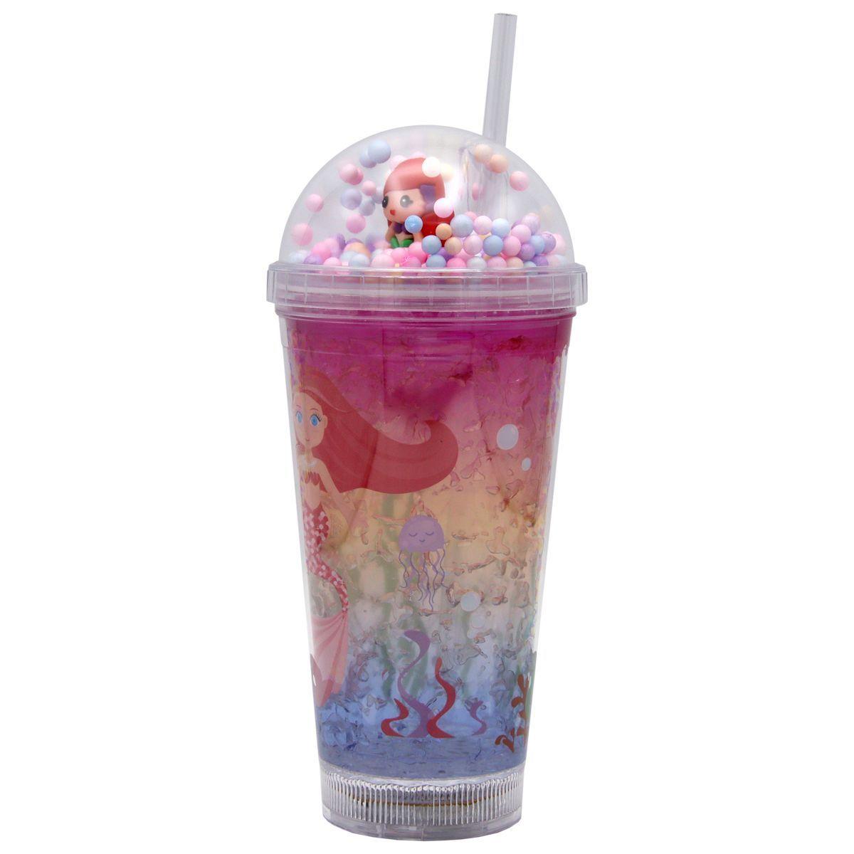 Vaso Con Bombilla Diseño Sirena Pelo Rojo Pelotitas y Luz Led Kawaii-0