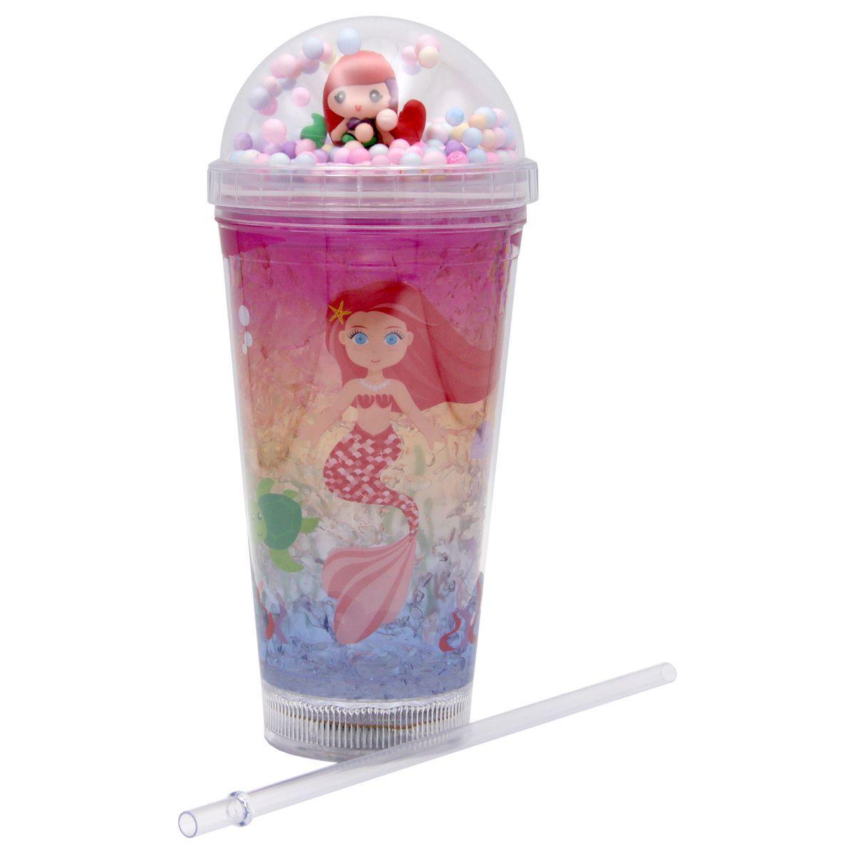 Vaso Con Bombilla Diseño Sirena Pelo Rojo Pelotitas y Luz Led Kawaii-1
