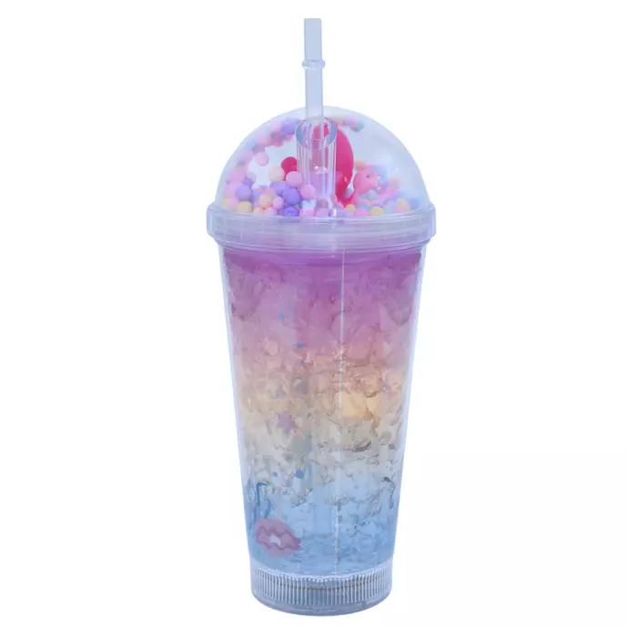Vaso Con Bombilla Diseño Sirena Pelo Rosado Pelotitas y Luz Led Kawaii-1