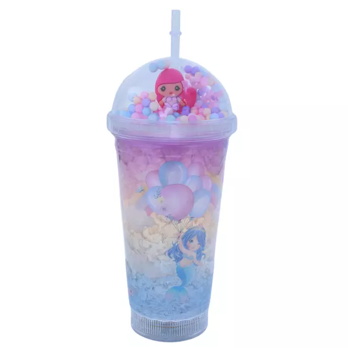 Vaso Con Bombilla Diseño Sirena Pelo Rosado Pelotitas y Luz Led Kawaii-0