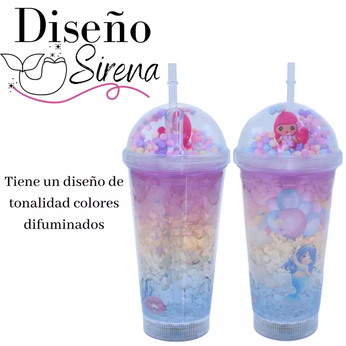 Vaso Con Bombilla Diseño Sirena Pelo Rosado Pelotitas y Luz Led Kawaii-2