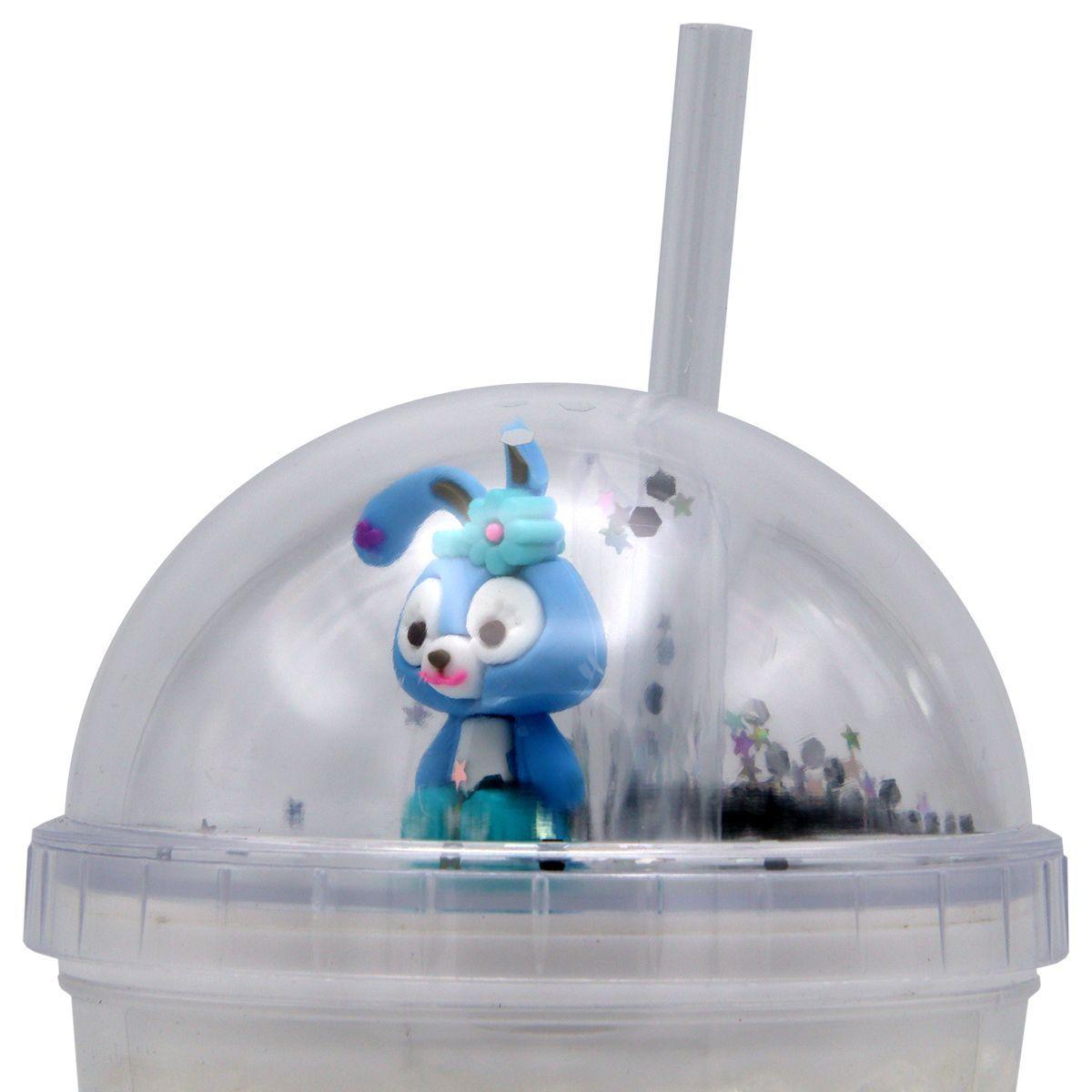 Vaso Blanco Diseño Conejo Celeste con Glitter y Bombilla Kawaii-1