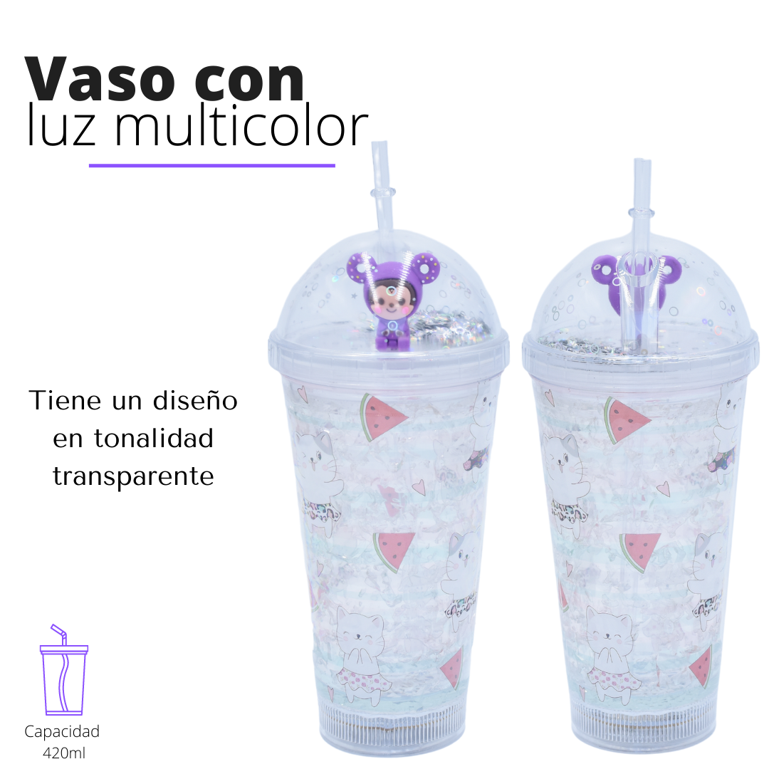 Vaso Monito Morado con Luz Multicolor Diseño Transparente Gato Kawaii-2