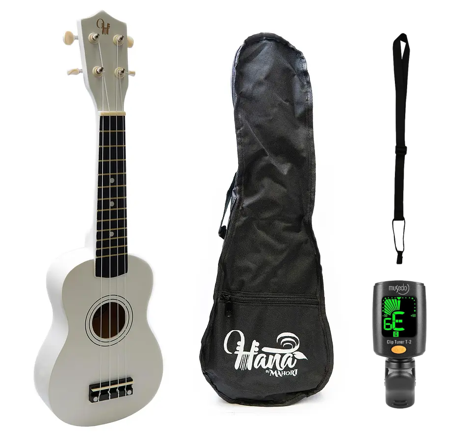 Full Pack Ukelele Soprano Hana Blanco + Afinador Cromático Clip + Strap Ukelele Allegro-0