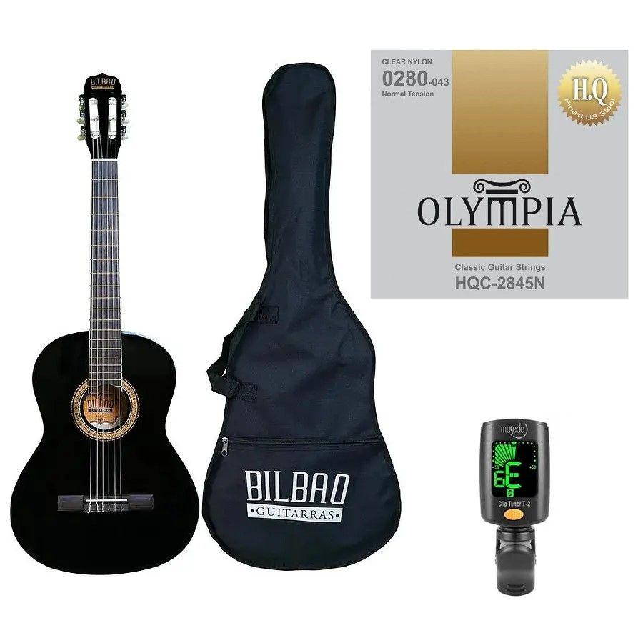 Full Pack Guitarra Acústica Bilbao BIL-44-BK + Set de Cuerdas Olympia + Afinador Cromático Clip-0