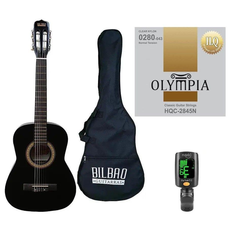Full Pack Guitarra Acústica Bilbao para Niño Bil-12-Bk + Cuerdas Olympia + Afinador Cromático Clip-0