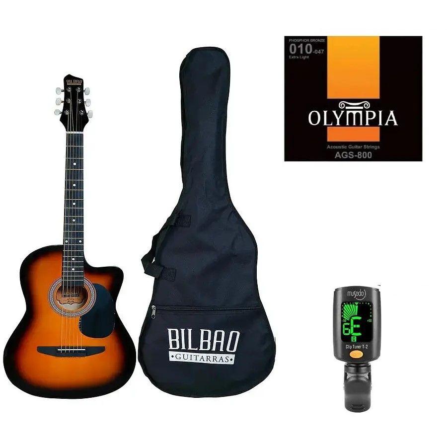 Full Pack Guitarra Acústica Bilbao Bil-38c-sb + Set de Cuerdas Olympia + Afinador Cromático Clip-0