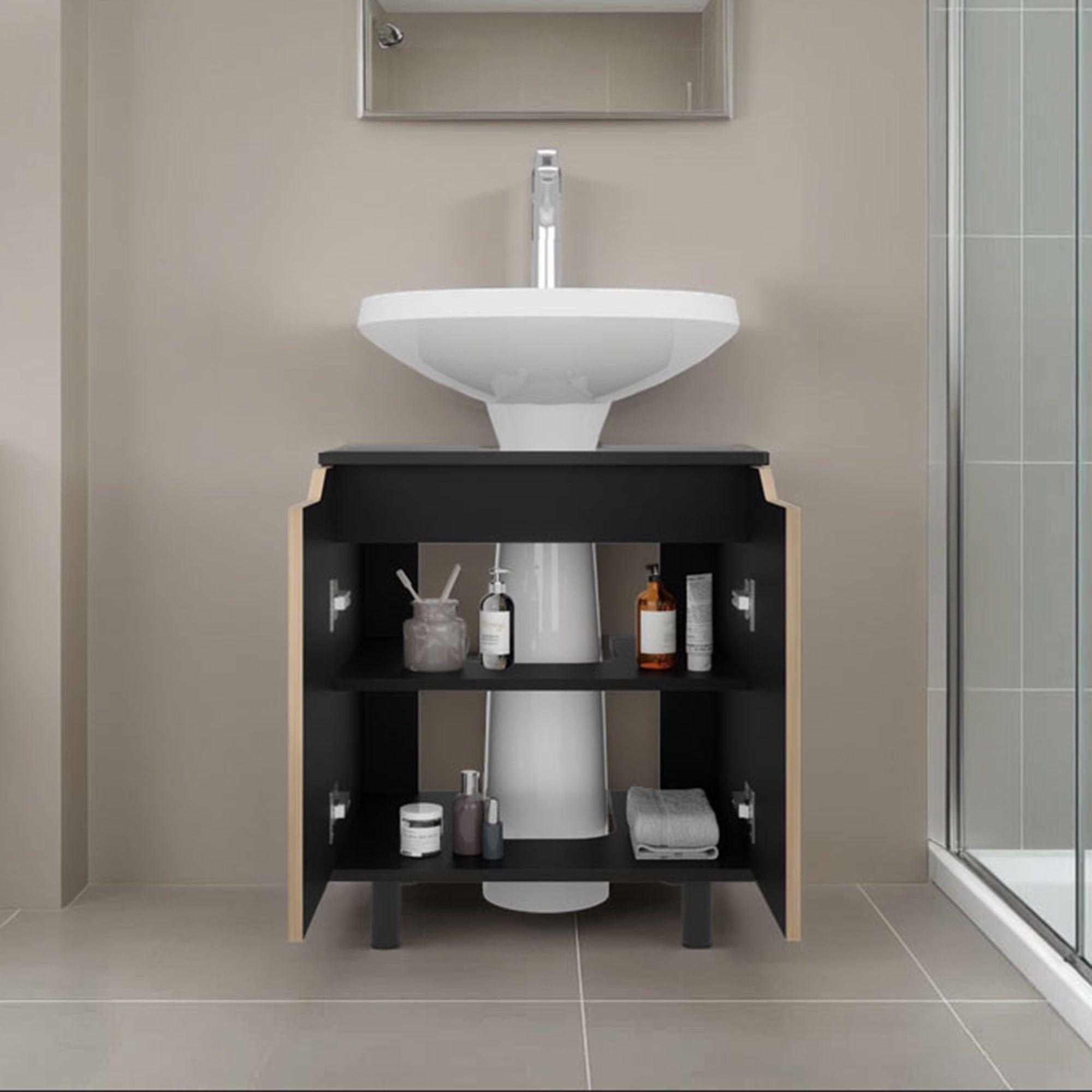 Mueble Para Lavamanos 2 Puertas Negro Y Café Claro-5