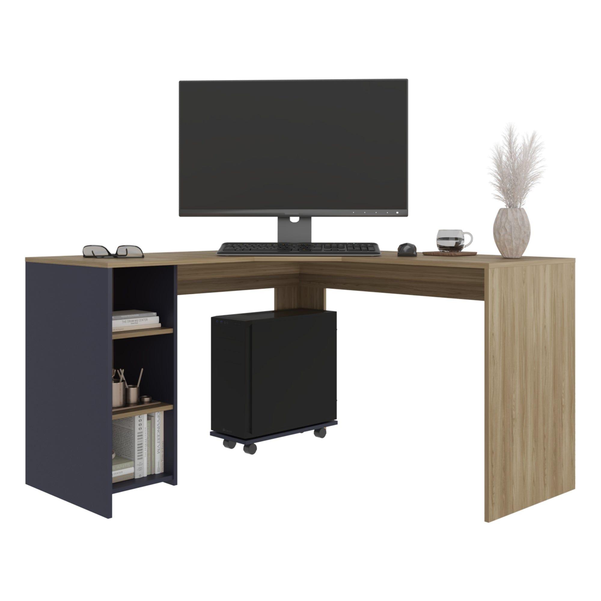 Escritorio En L Con Base Para Cpu Café Claro Y Azul 76,5X130X130 Cm-2