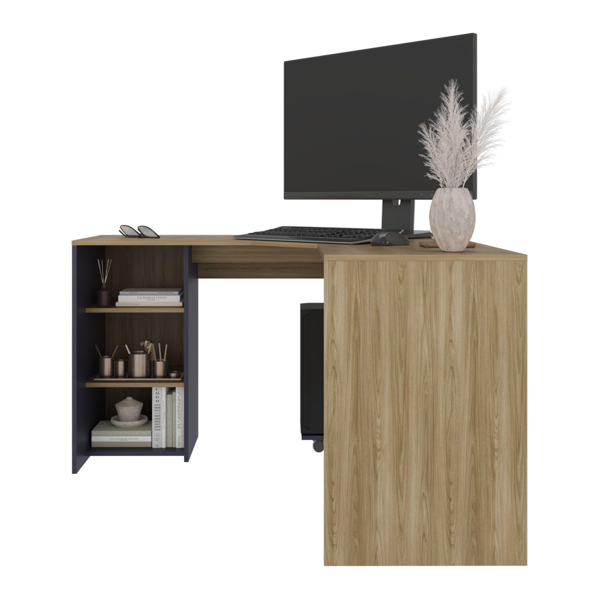 Escritorio En L Con Base Para Cpu Café Claro Y Azul 76,5X130X130 Cm-3