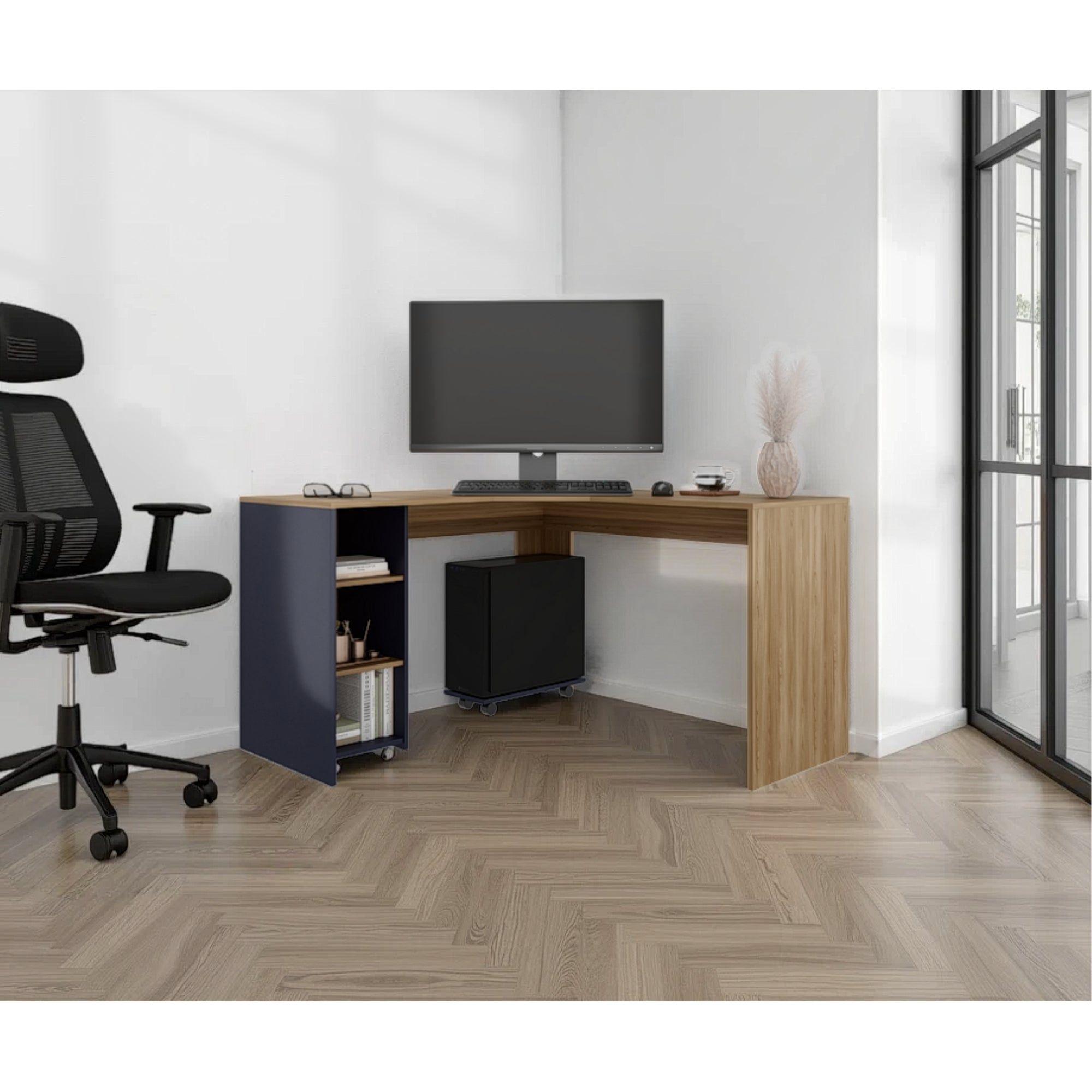 Escritorio En L Con Base Para Cpu Café Claro Y Azul 76,5X130X130 Cm-5