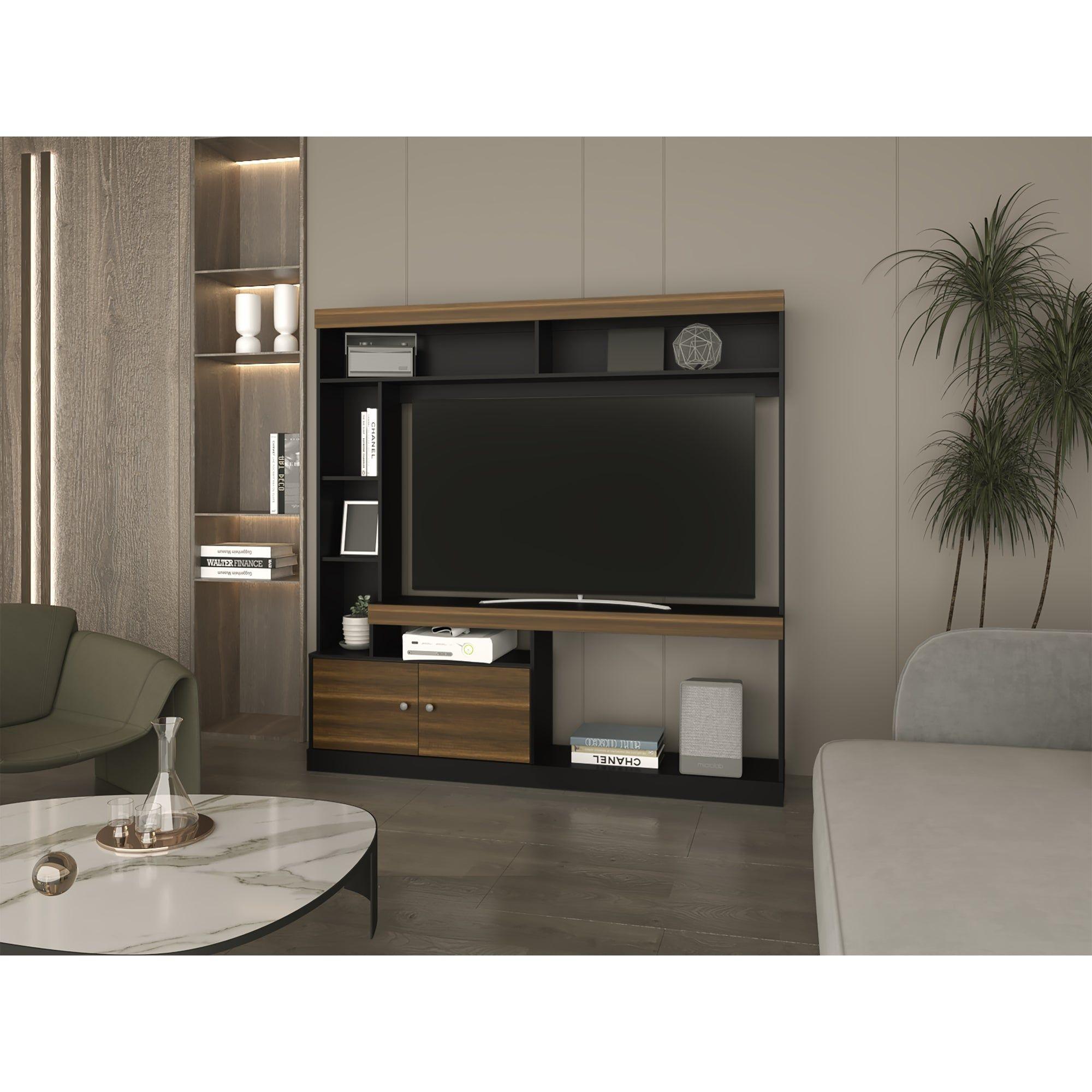ESTANTE TV  55" CON 2 PUERTAS 7 REPISAS FM-002O CAFÉ OSCURO Y NEGRO-4