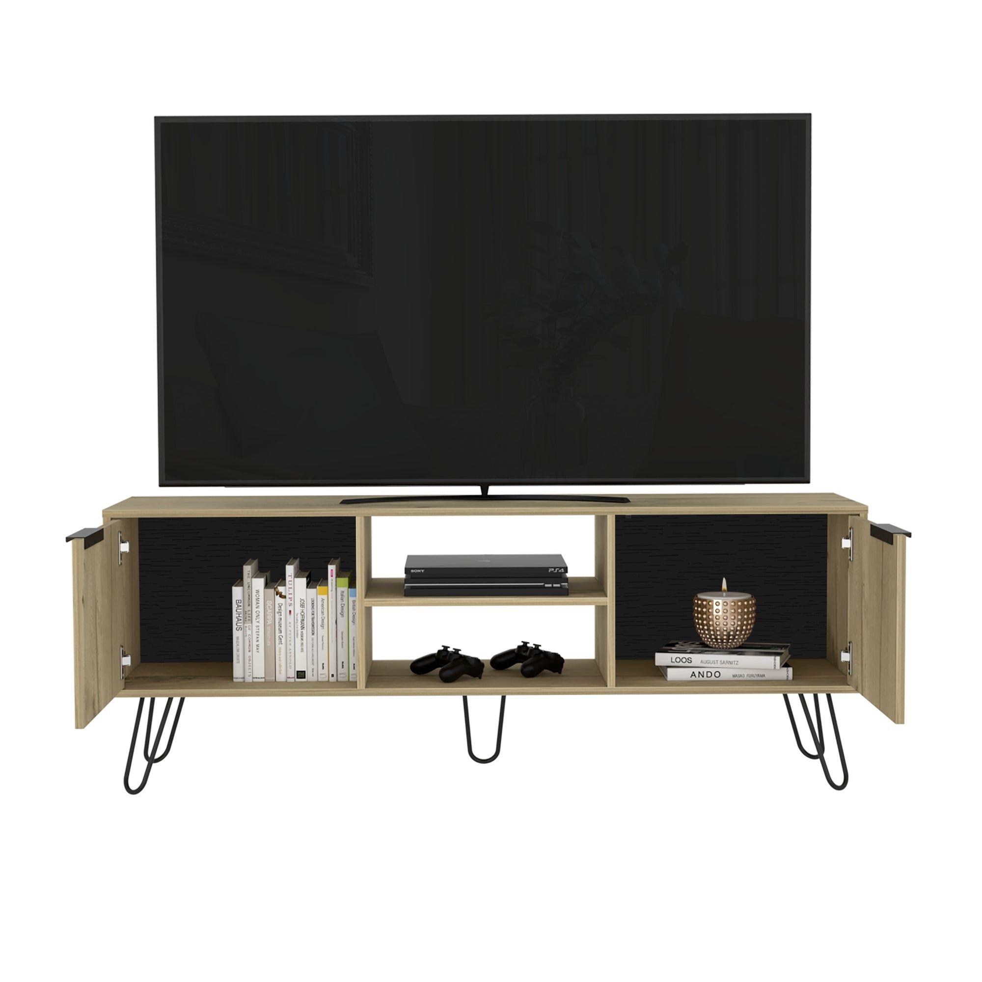 Rack Tv 65" 2 Puertas Café Claro Y Negro-2