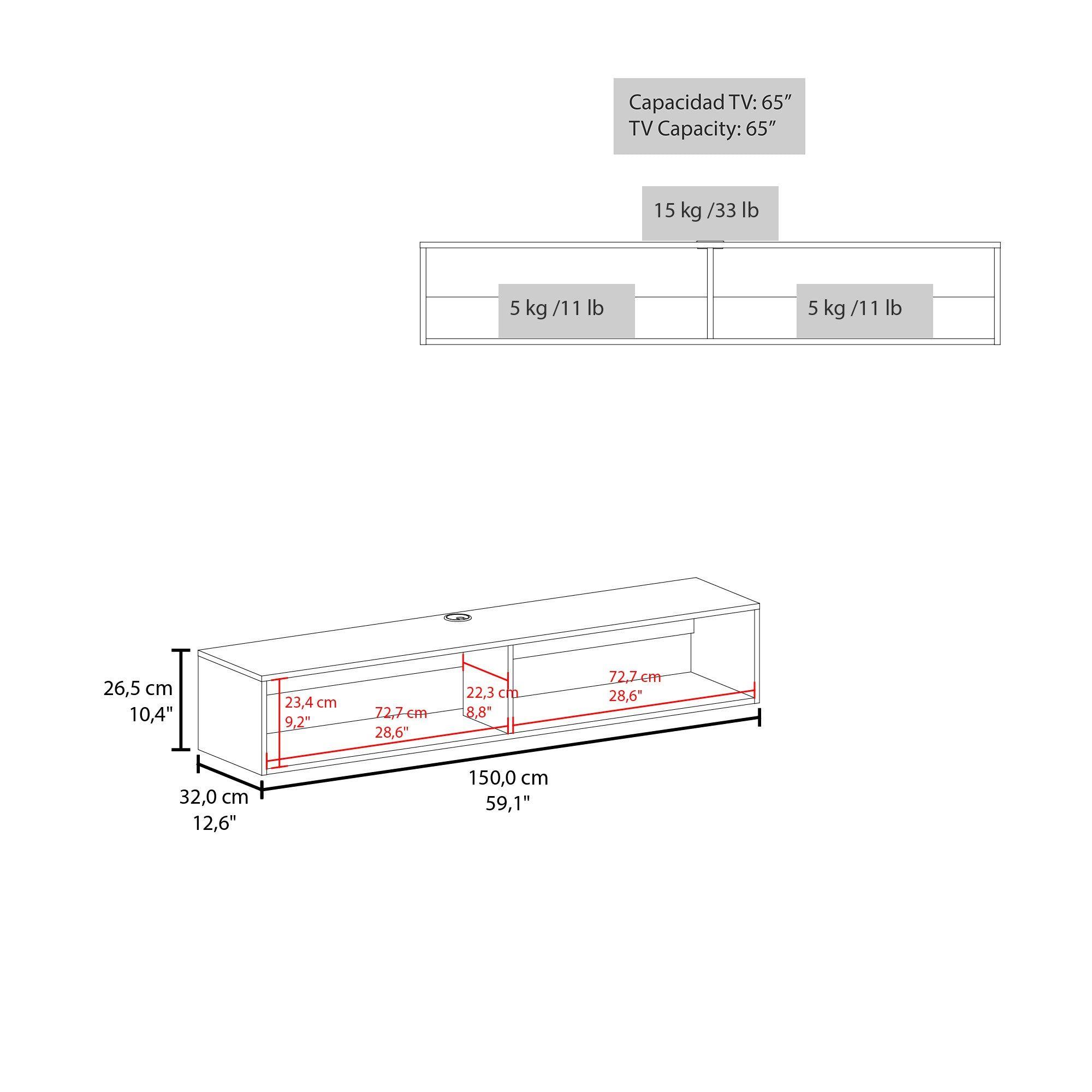 Rack Tv Con Capacidad Hasta 65" Flotante 2 Espacios 26,5X150X32 Cm Beige-4