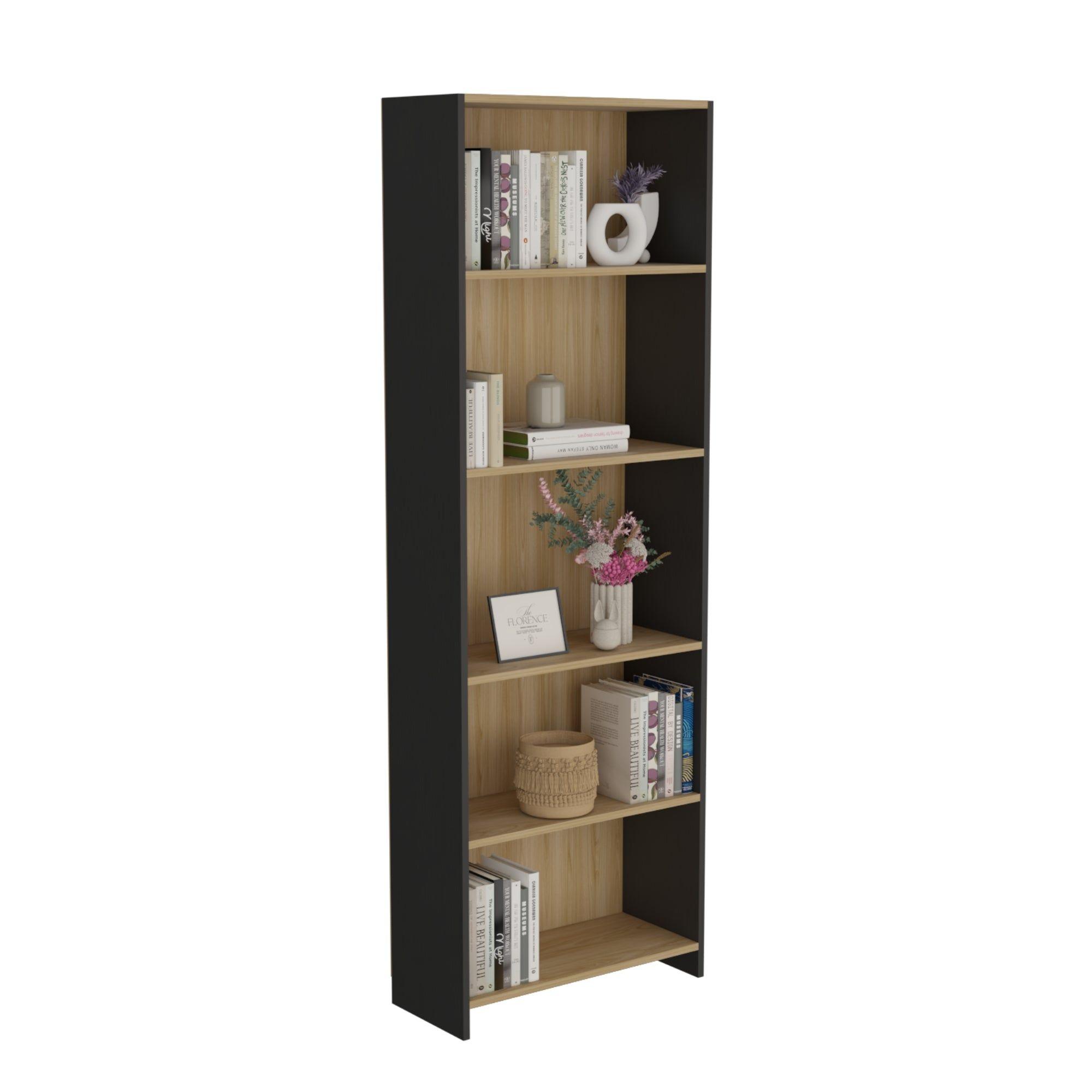 Mueble Biblioteca Con 5 Repisas 180,6X63X26,6 Cm Café Claro Y Negro-2