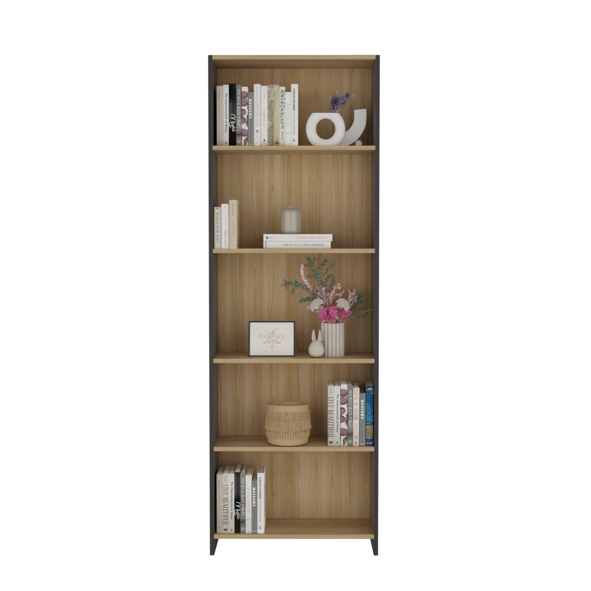 Mueble Biblioteca Con 5 Repisas 180,6X63X26,6 Cm Café Claro Y Negro-3