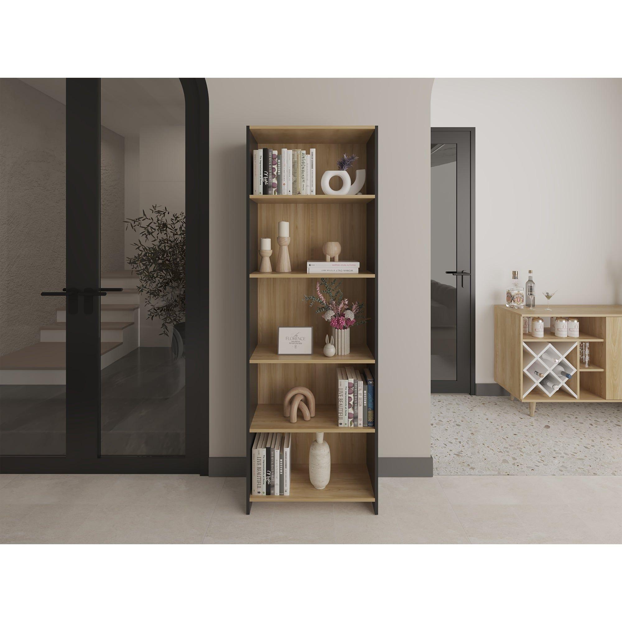 Mueble Biblioteca Con 5 Repisas 180,6X63X26,6 Cm Café Claro Y Negro-5