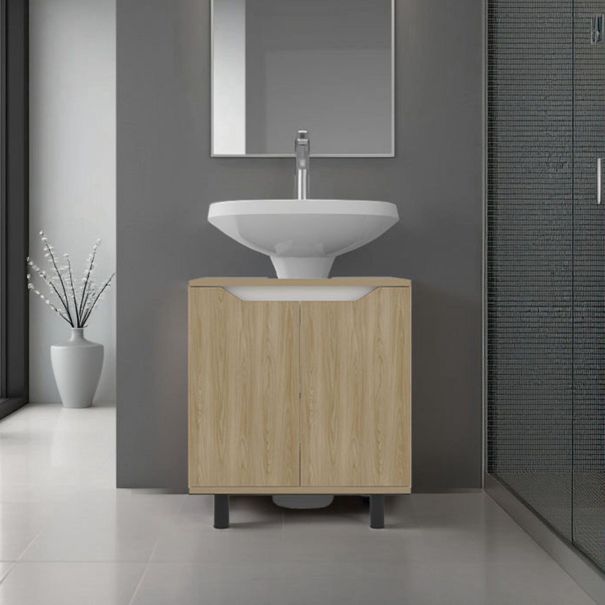 Mueble Para Lavamanos 2 Puertas Café Claro Y Blanco-4