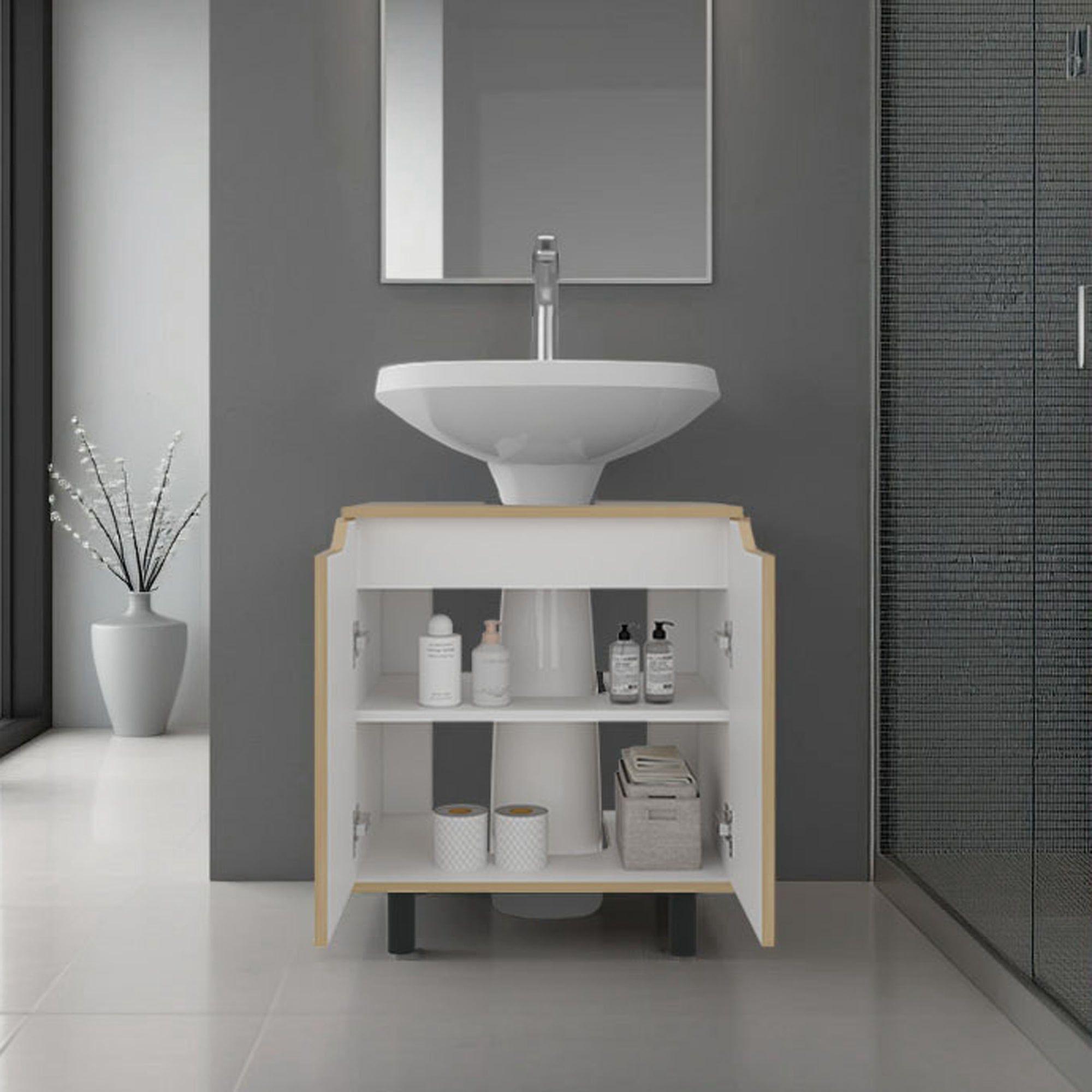 Mueble Para Lavamanos 2 Puertas Café Claro Y Blanco-5