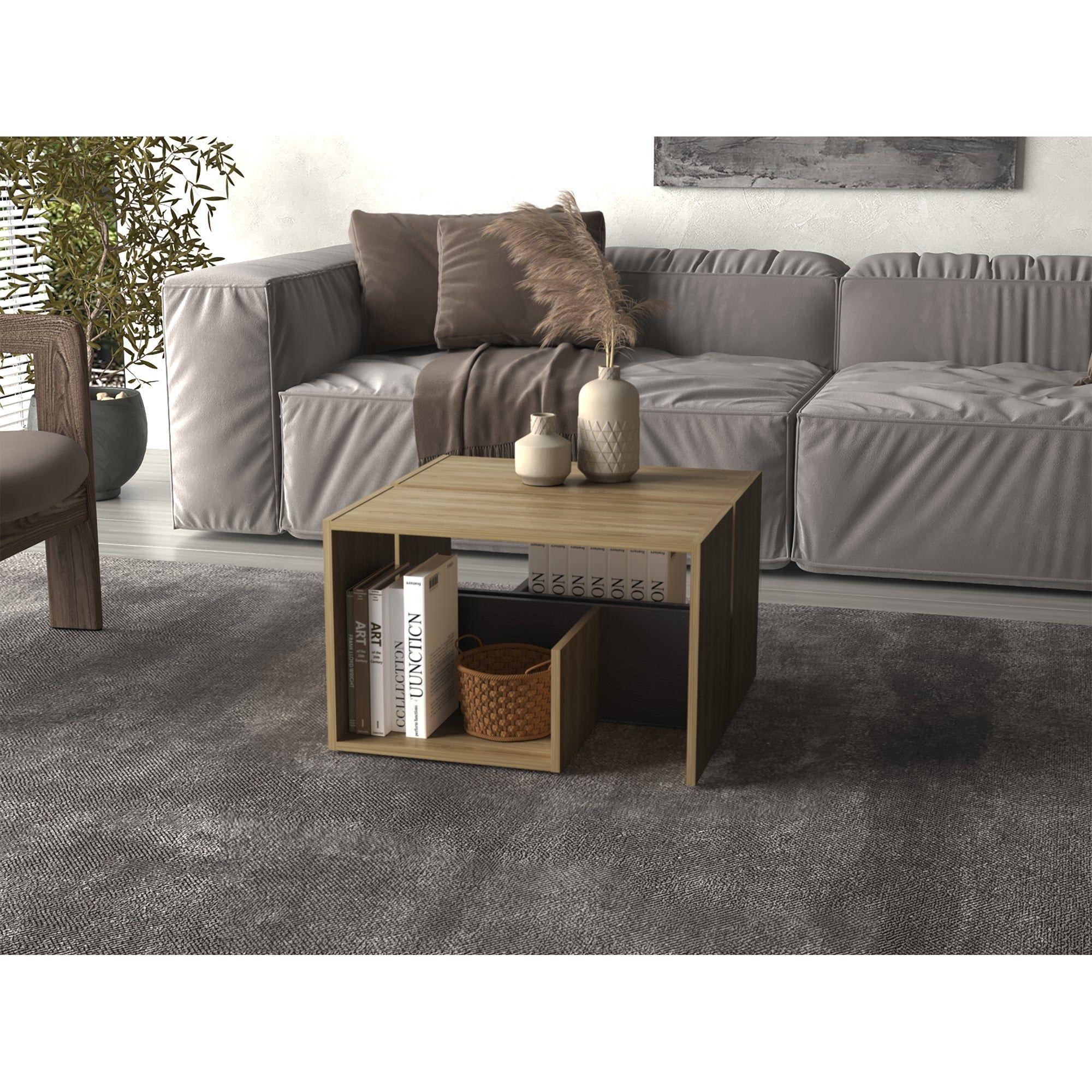 Mesa Lateral 63,4X39,8X30 Cm Cafe Claro Y Negro-5