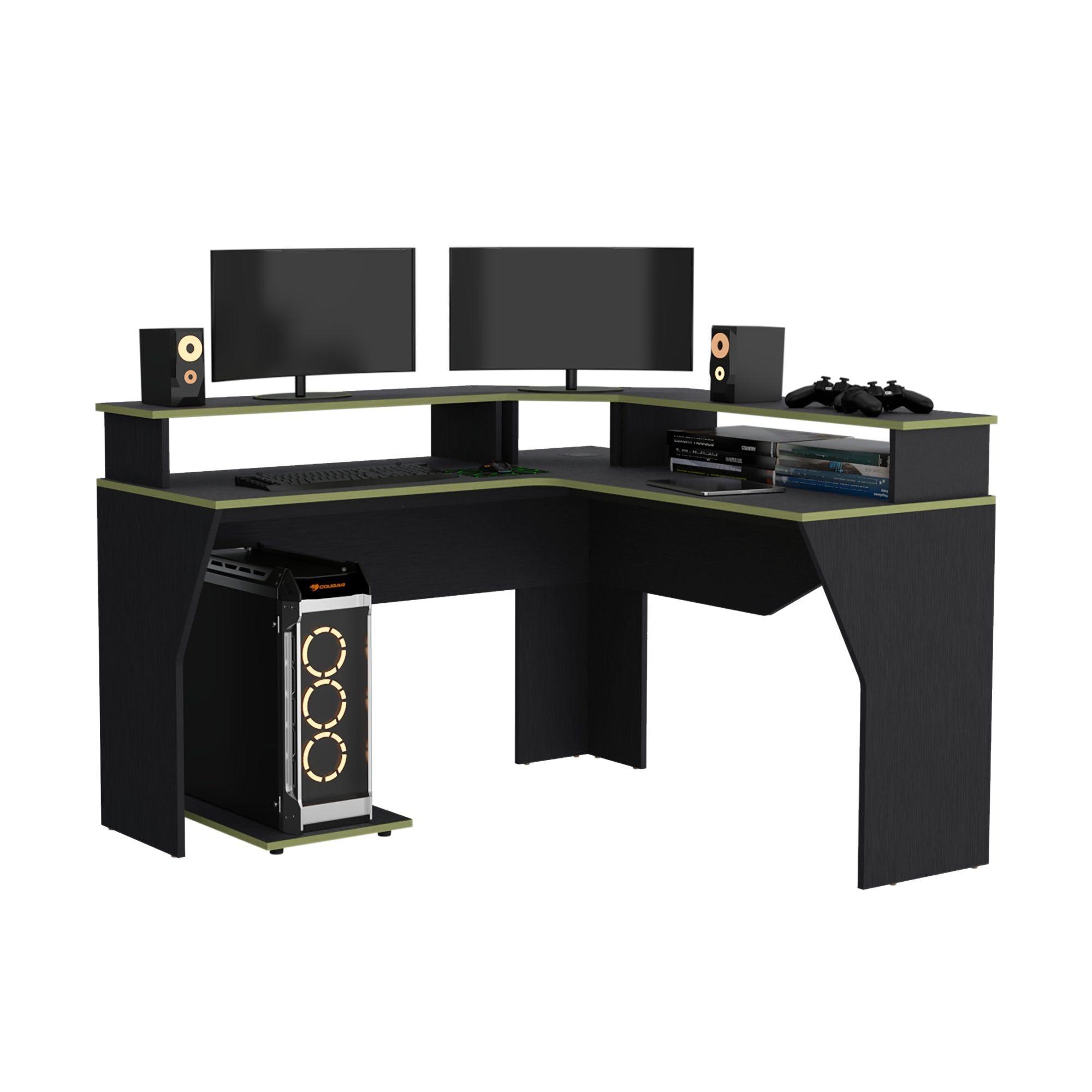 ESCRITORIO GAMER EN L FM-046O - NEGRO Y CANTO VERDE-2