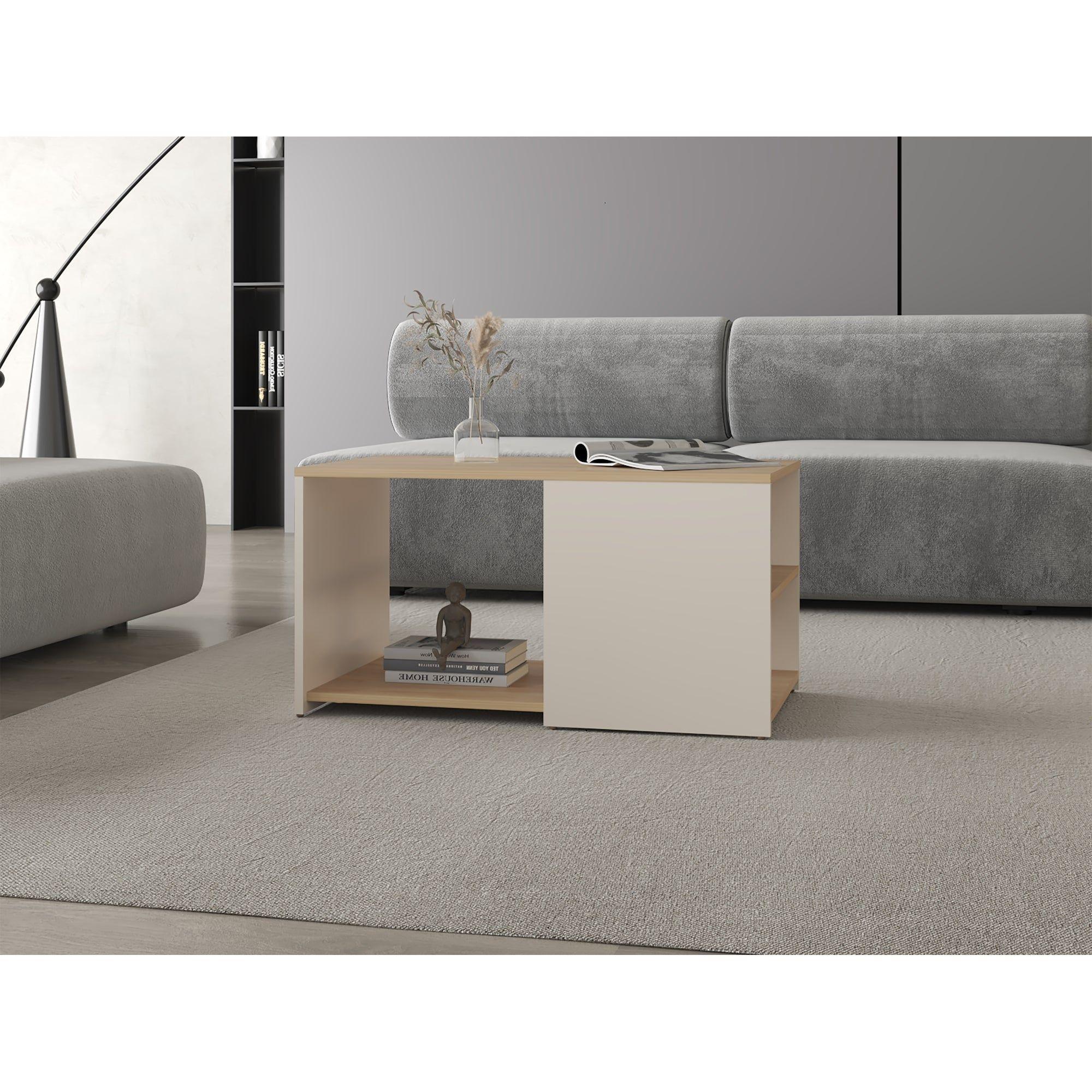 Mesa Centro 80X45X42,1 Cm Beige Y Café Claro-4