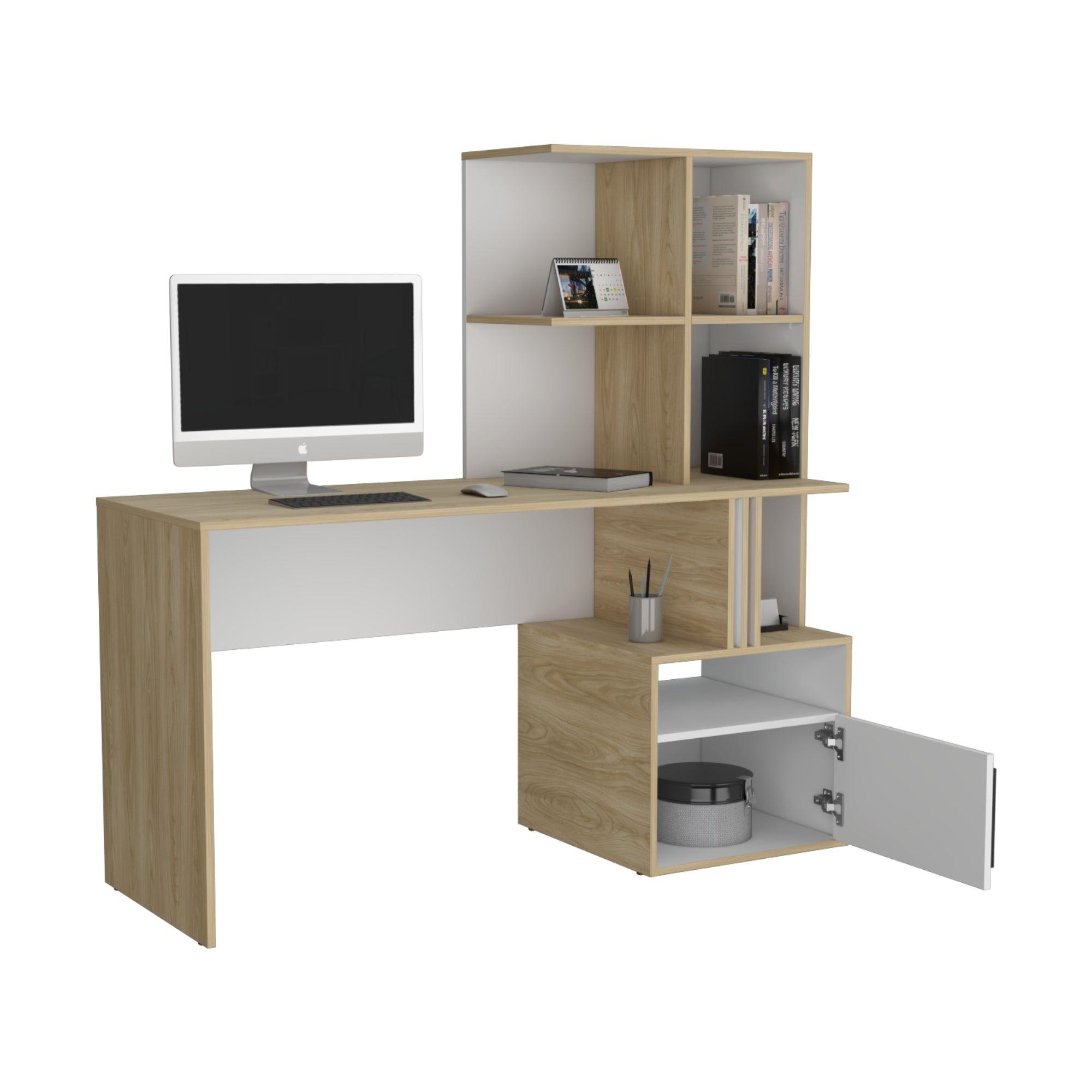 Escritorio Con Biblioteca Incorporada 1 Puerta 140 Cm Blanco Y Café Claro-2