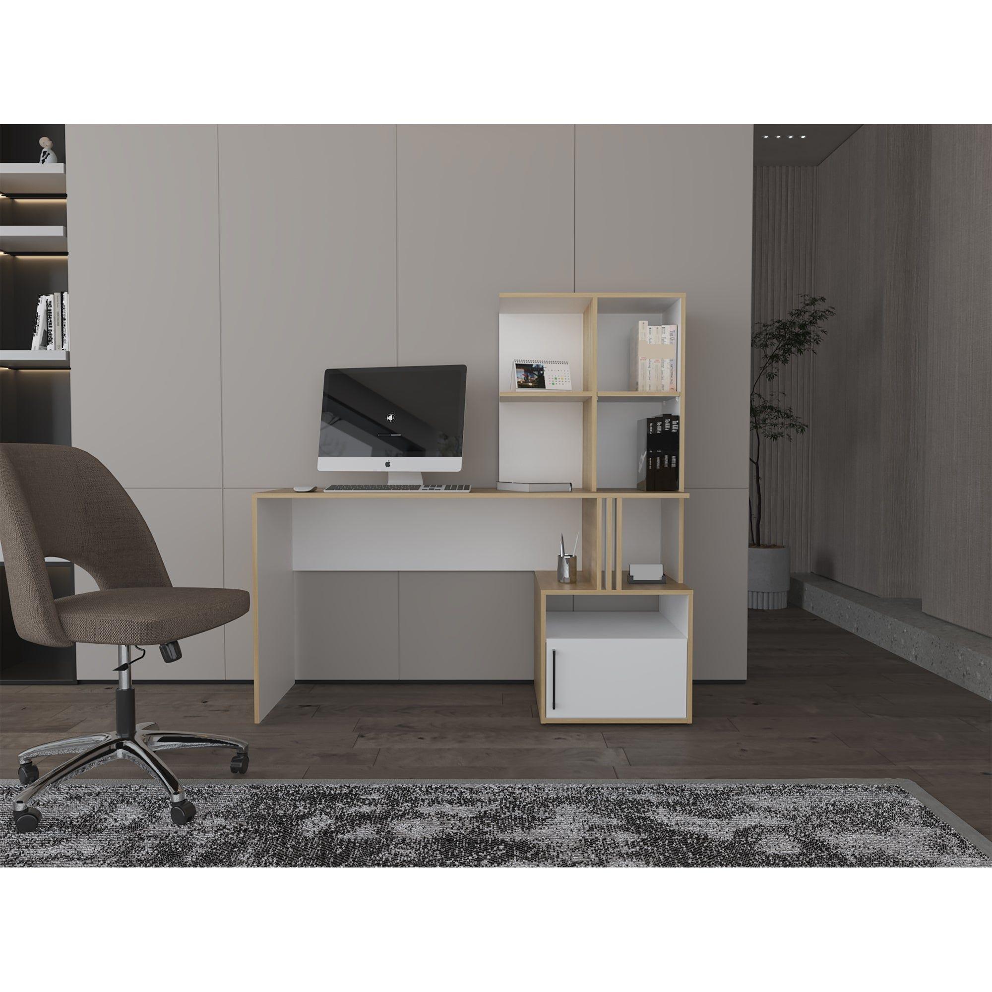 Escritorio Con Biblioteca Incorporada 1 Puerta 140 Cm Blanco Y Café Claro-5